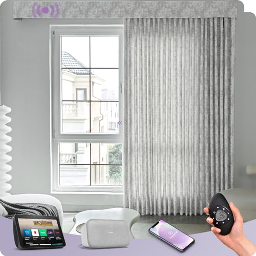 Graywind Hardwired Smart Curtains Compatible with Alexa Google Remote Control Motorized Drape for Sliding Door One-Way or Split Draw, Custom Width to 220" (Mist Series)