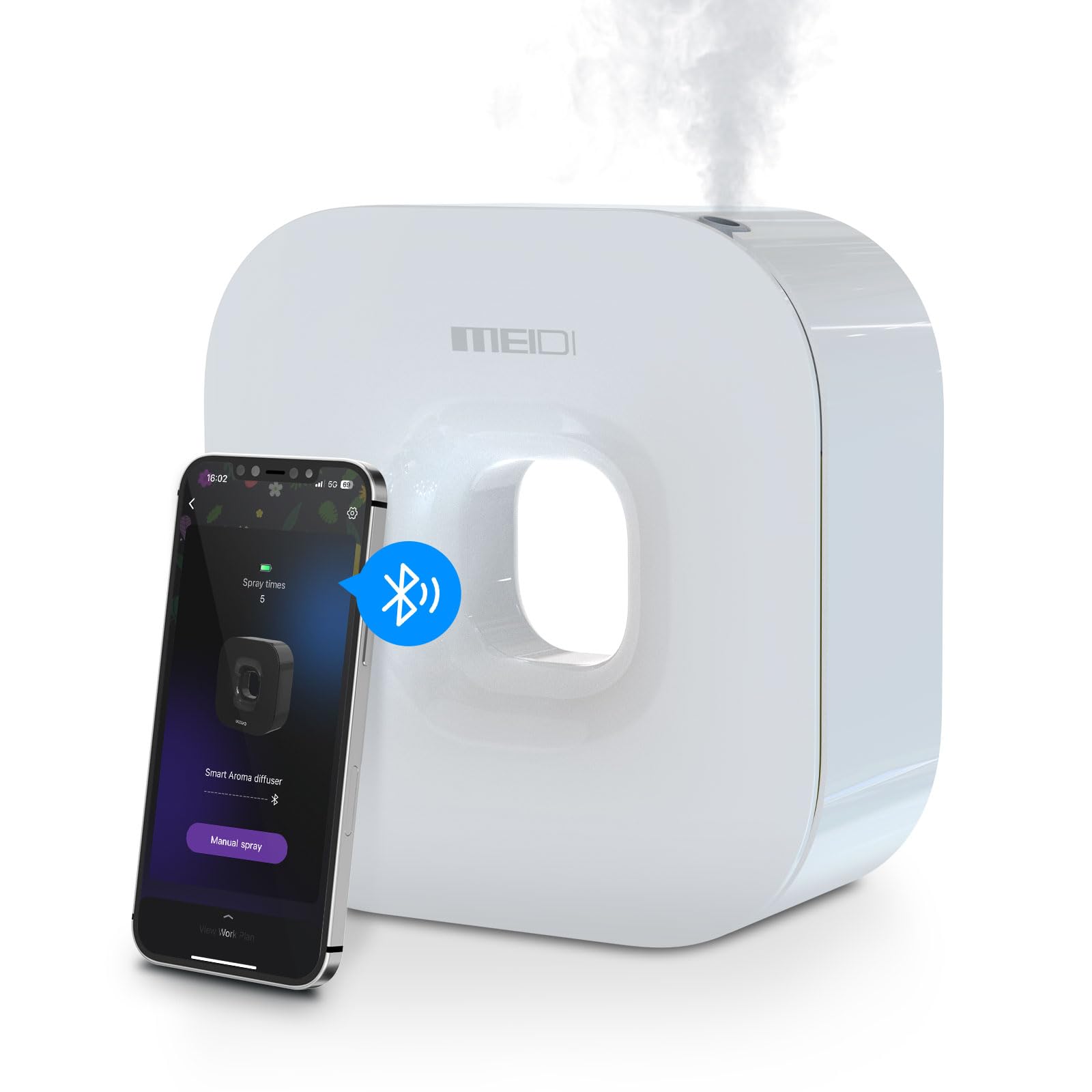 MEIDI Waterless Essential Oil Diffuser - Bluetooth Cordless Aromatherapy Diffuser with App Control, Smart Timer Setting, Hang-up Design and Wide Coverage for Home, Office, Hotel and SPA (White)