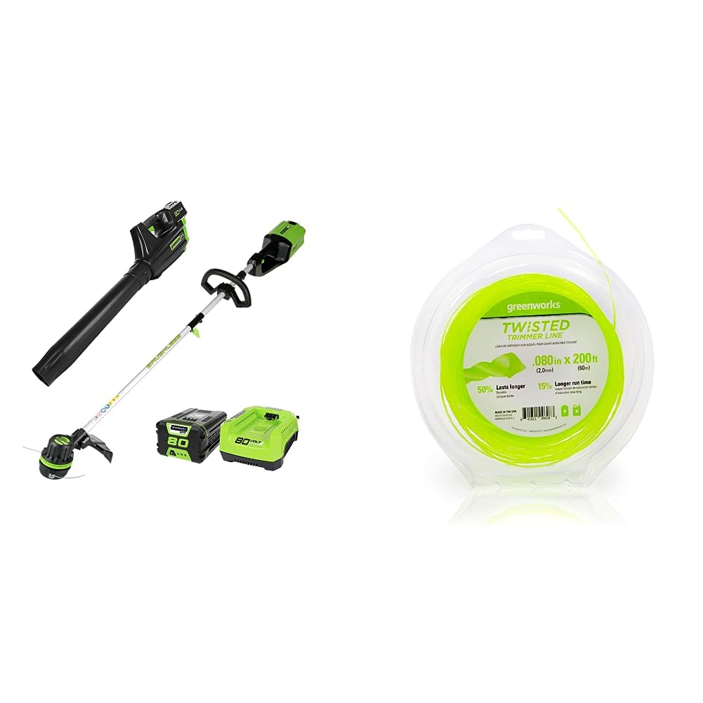 Greenworks Pro 80V Cordless Brushless String Trimmer + Leaf Blower Combo, 2Ah Battery and Charger Included STBA80L210 & 0.080" 200-Foot Twisted String Trimmer Line