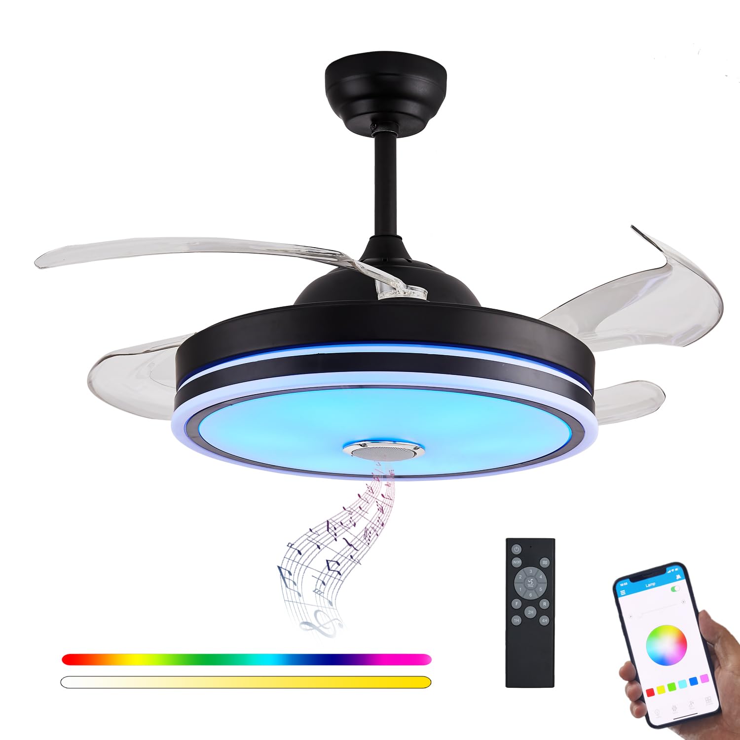 Defloorlight Black 48" Ceiling Fan with Light, Fandelier, Invisible Chandelier, Bluetooth Speaker, RGB Color Changing Remote Control for Living Room/Bedroom, Music, Modern Design