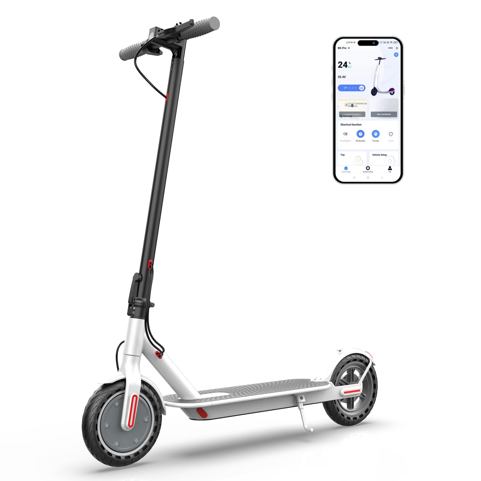 Qlaway 8.5" Aluminum Alloy Frame E Scooter for Adults 20 MPH Sport Escooter 350W Motor, Electric Scooter Up to 22 Miles Range, Bearing 265 LBS/APP Control-White