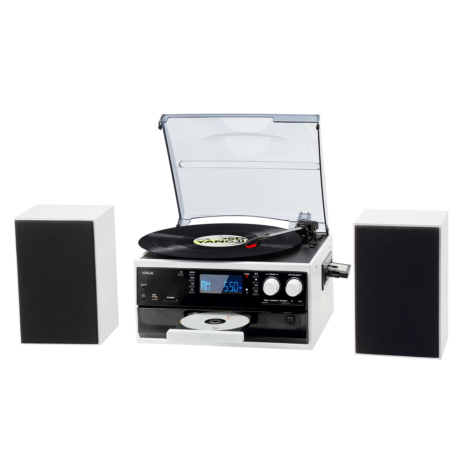 10-in-1 Record Player with 3-Speed Turntable, Bluetooth, AM/FM Radio, CD/Cassette Player, USB/SD/MMC Input, and Remote Control