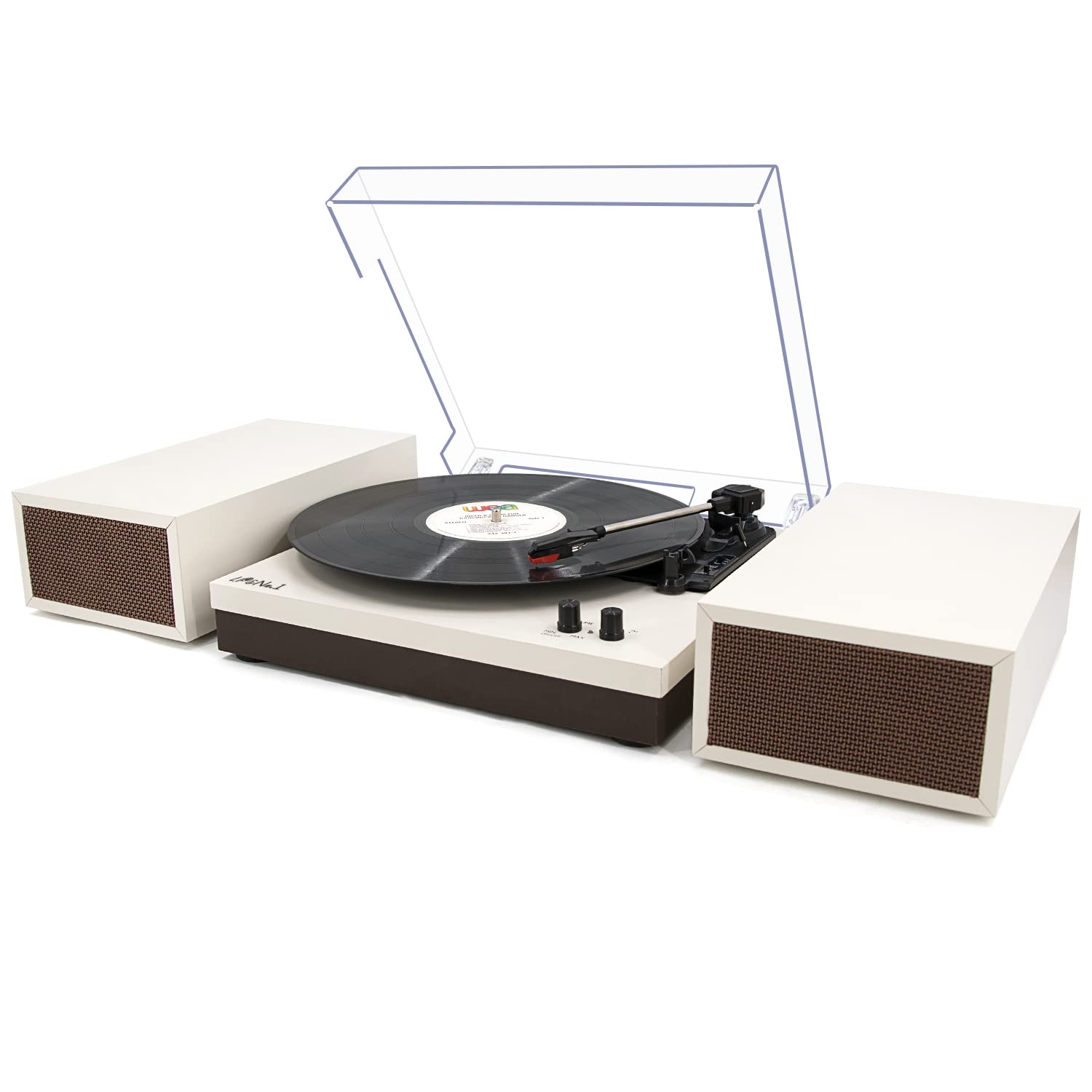 LP&No.1 Wireless Turntable with Stereo Bookshelf Speakers, Retro Record Player with Wireless Playback, 3 Speed Belt-Drive Vintage Turntable with Auto Off, Milk White