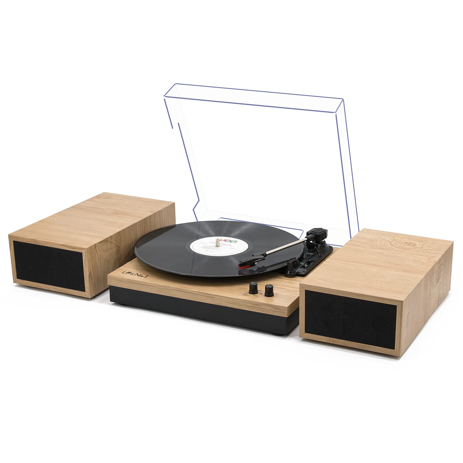 LP&No.1 Vinyl Record Player with Stereo Bookshelf Speakers, 3-Speed Belt-Drive Turntable for Vinyl Albums with Wireless Music Playback, Built-in Pre-Amplifier & Auto Stop | Beige Wood