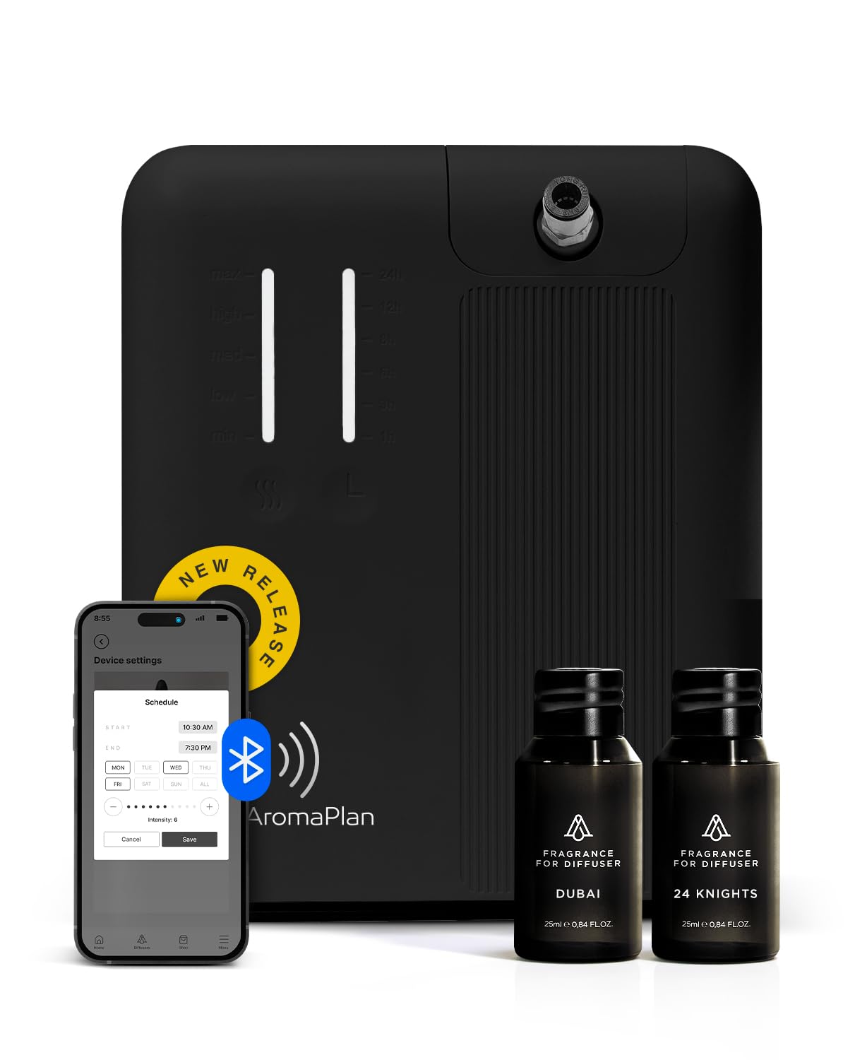 AromaPlan 2025 Waterless HVAC Scent Diffuser Whole House & Commercial Diffuser, 2 Fragrances Included-Smart, Cold-Air Waterless Scent Air- App Control, Bluetooth, AC, 2000 Sq. Ft Coverage,Black