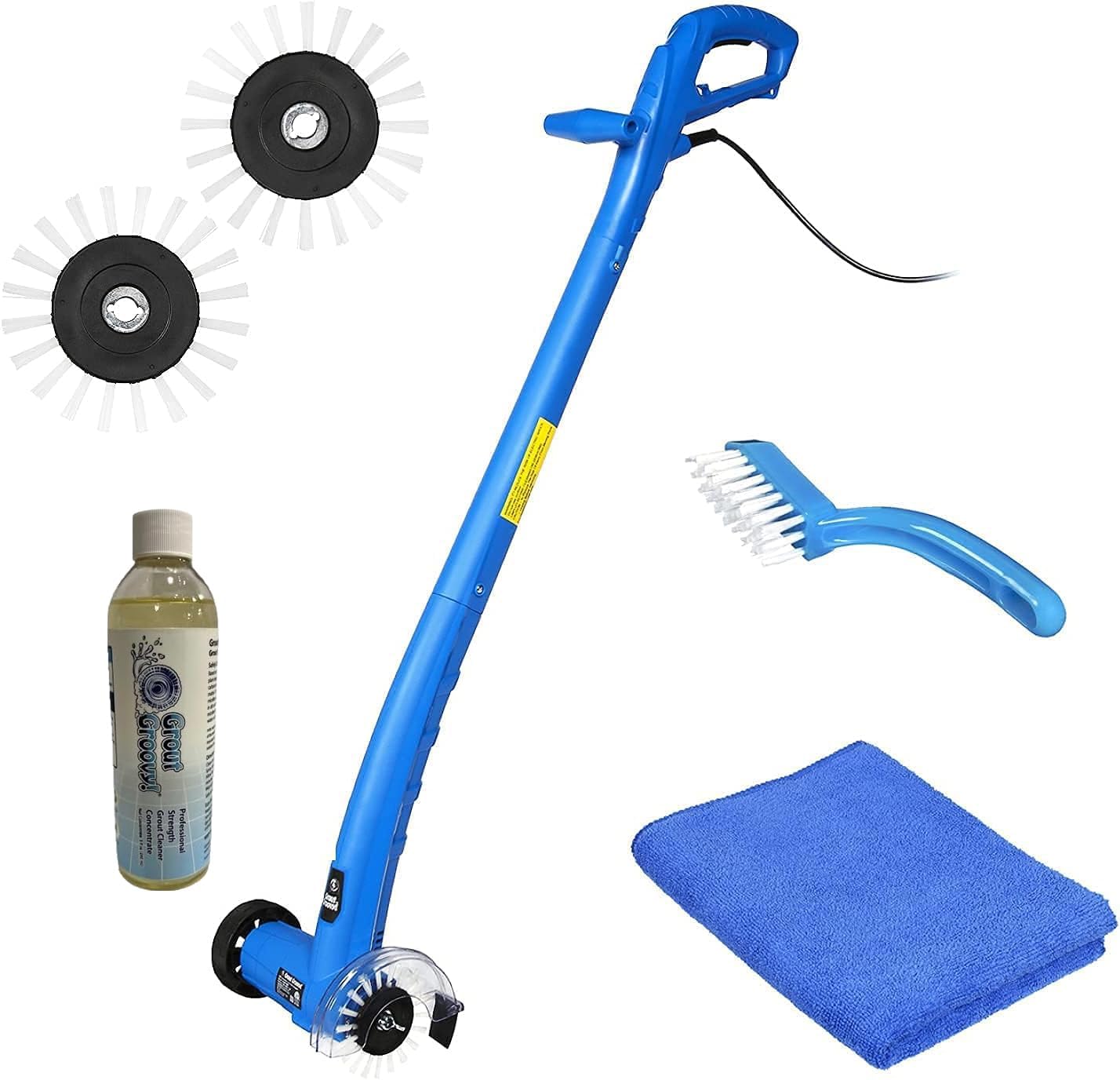 Grout Cleaner Bundle, Electric Stand Up Tile Grout Cleaner Machine with 20’ Cord, 3 Brush Wheels, 1 Cleaner, 1 Grout Hand Brush, 1 Microfiber Cloth