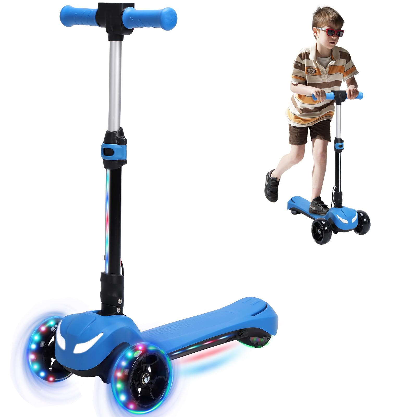 3 Wheel Electric Scooter for Kids, Electric Kick Scooters with Powerful Motor, 21V Battery, Thumb Throttle, 5mph Safe Speed, LCD Screen, Light Up Stem Deck & Wheels, Blue