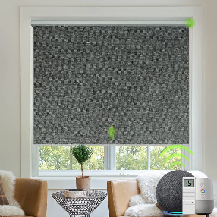 Yoolax Motorized Blinds with Remote, Blackout Smart Blinds Motorized Fabric Roller Shades Work with Alexa, Automatic Shades for Windows Custom Size (Dark Grey)