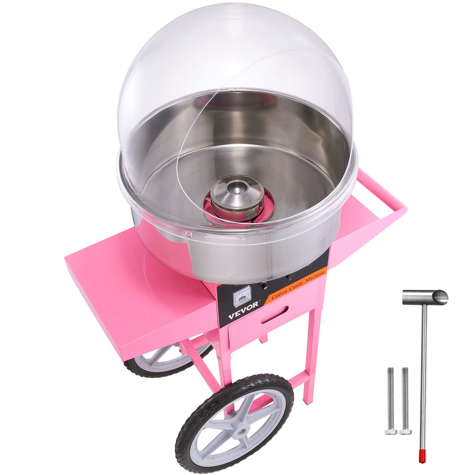 VEVOR Electric Cotton Candy Machine Cart with Cover, Commercial Floss Maker w/Stainless Steel Bowl, Sugar Scoop and Drawer, Perfect for Home, Carnival, Kids Birthday, Family Party, Pink