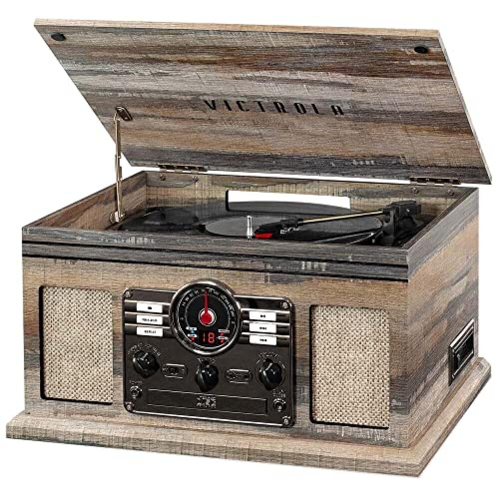 Victrola Nostalgic 6-in-1 Bluetooth Record Player & Multimedia Center with Built-in Speakers - 3-Speed Turntable, CD & Cassette Player, AM/FM Radio | Wireless Music Streaming | Farmhouse Shiplap Grey