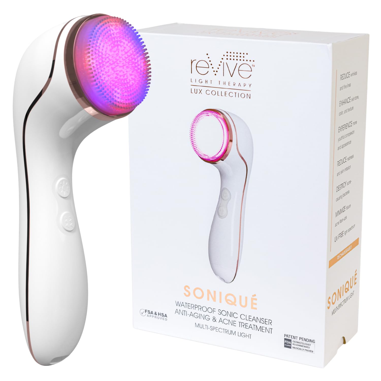 LED Technologies Lux Collection Soniqué Sonic Facial Cleansing Brush with Red & Blue Light Therapy, Reduces Appearance of Acne & Wrinkles