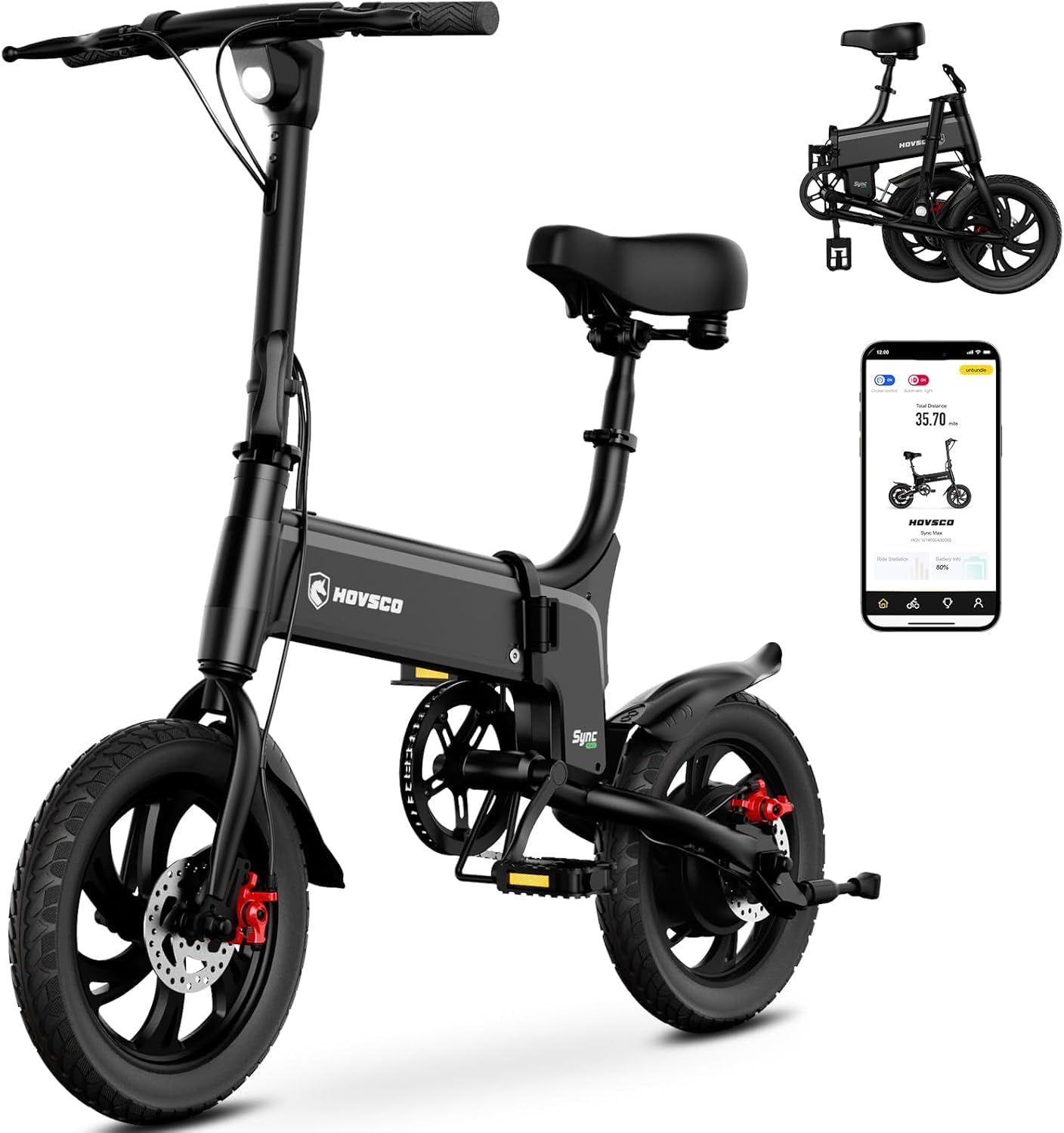 HOVSCO 14" Folding Electric Bike, 30 Miles Range & 20mph Max Speed, 450W (750W Peak) Brushless Motor, LED Display with App Control, Adjustable Seat eBike, Commuter Electric Bike for Adults