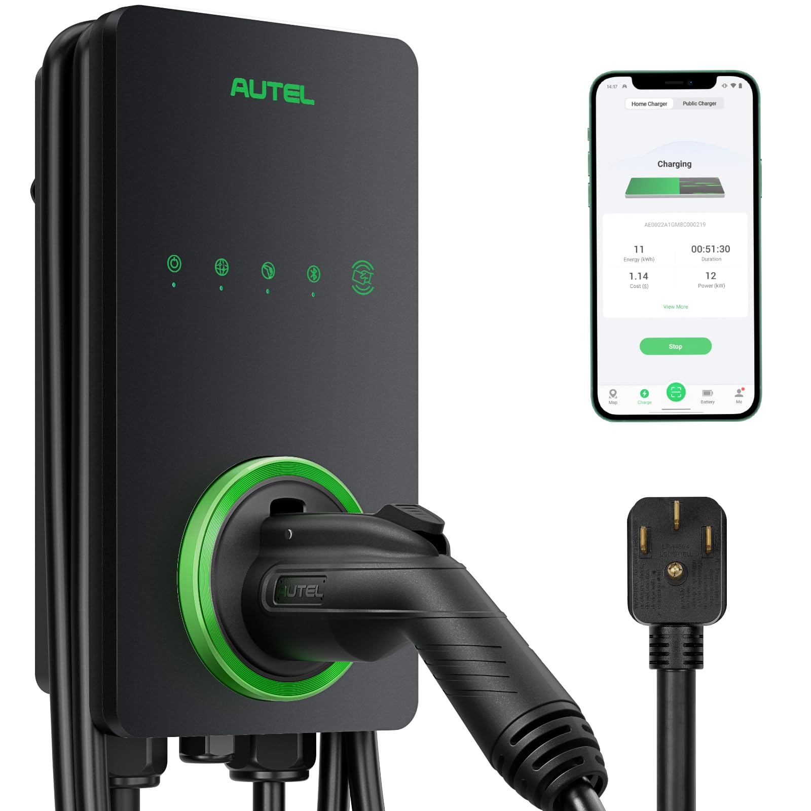Autel Home Smart AI Level 2 EV Charger up to 40Amp, 240V, Indoor/Outdoor Fast Electric Vehicle Charging Station with Flexible 25-Foot Cable, NEMA 14-50 Plug, Dark Gray