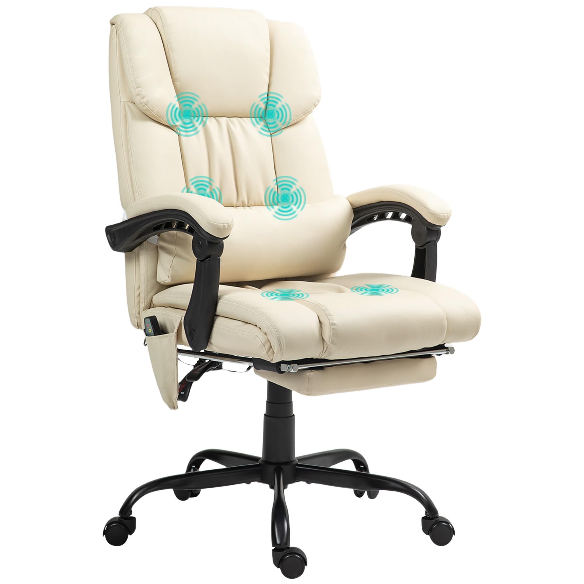 Vinsetto High Back Massage Office Chair with 6 Vibration Points, PU Leather Reclining Computer Chair, Ergonomic Desk Chair with Footrest Adjustable Height and Remote, Beige