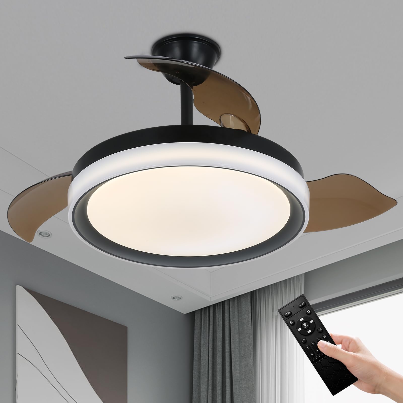 Zenouidle 42" Retractable Ceiling Fan Modern Ceiling Fans with Lights and Remote,3 Color 6 Speed Round Dimmable Fandelier for Bedroom Living Room Dining Room