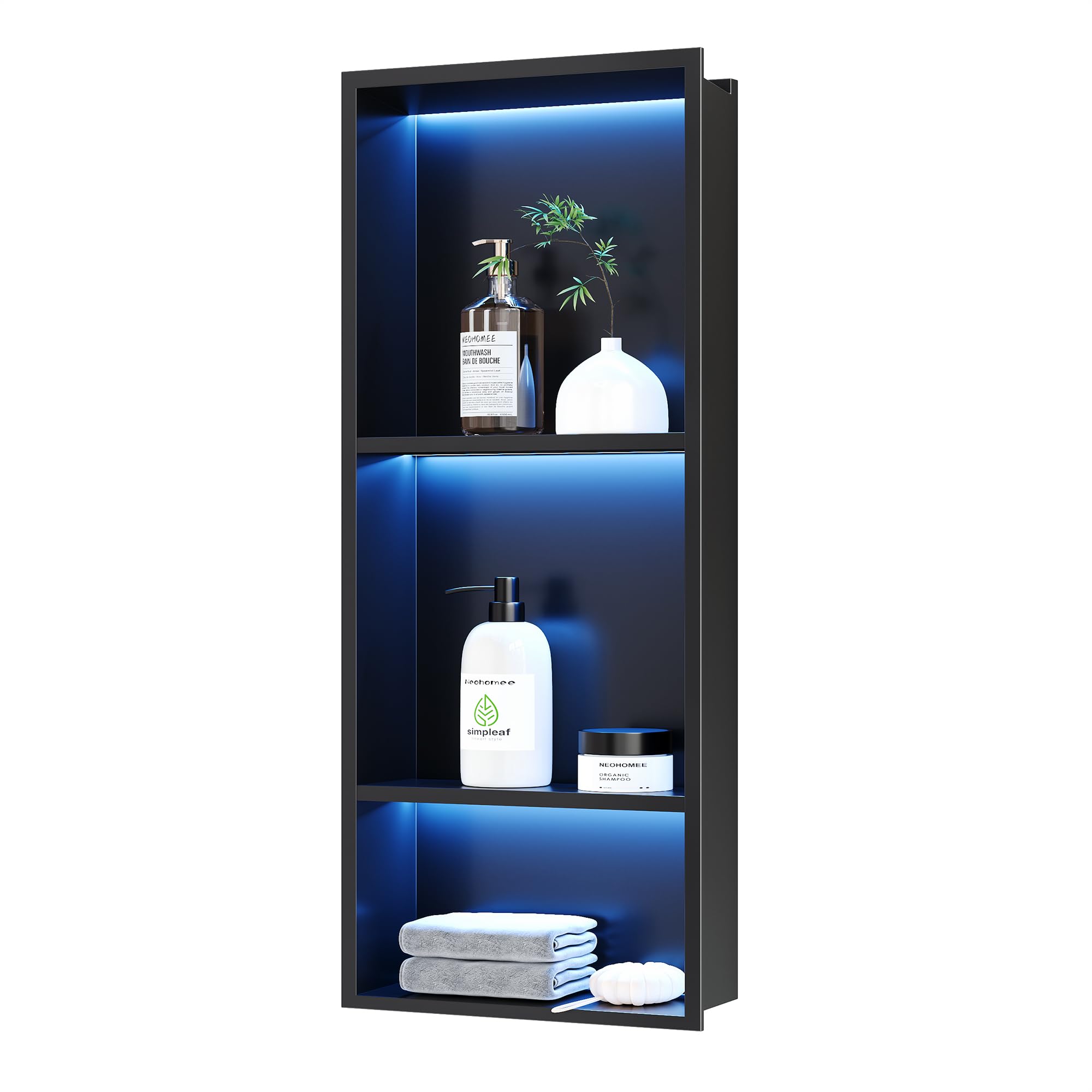 Neohomee 3-Tiers 12x30Inch Wall Niche with RGB LED Light Strips, Matte Black Recessed Shower Niche Cabinet, Stainless Steel Bathroom Shelf, NO Tile Needed Storage Organizer for Shower Wall