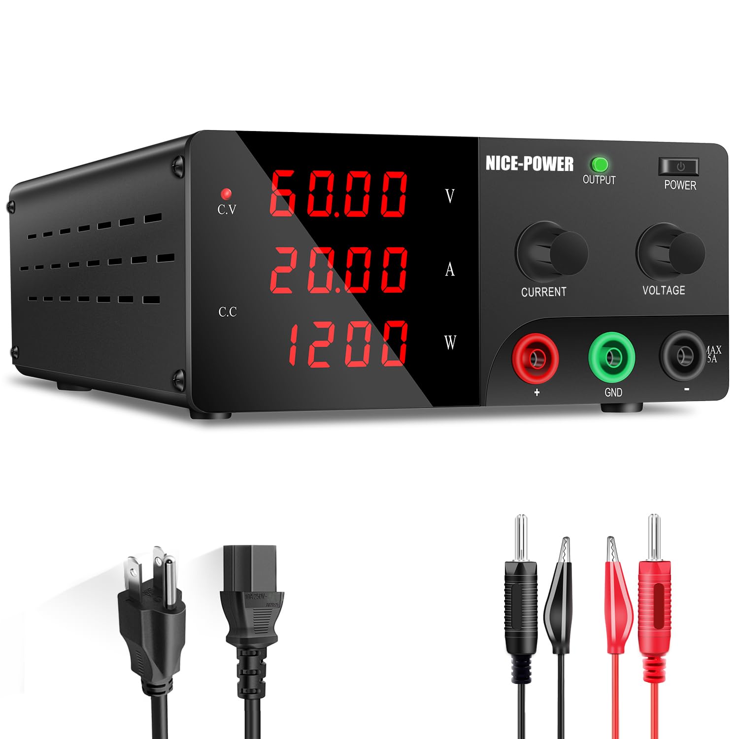 NICE-POWER DC Power Supply Variable, 60V 20A 1200W High Power Bench Power Supply with Encoder Knob & Output Switch, Benchtop Adjustable Switching Regulated Power Supplies for Repair/Test