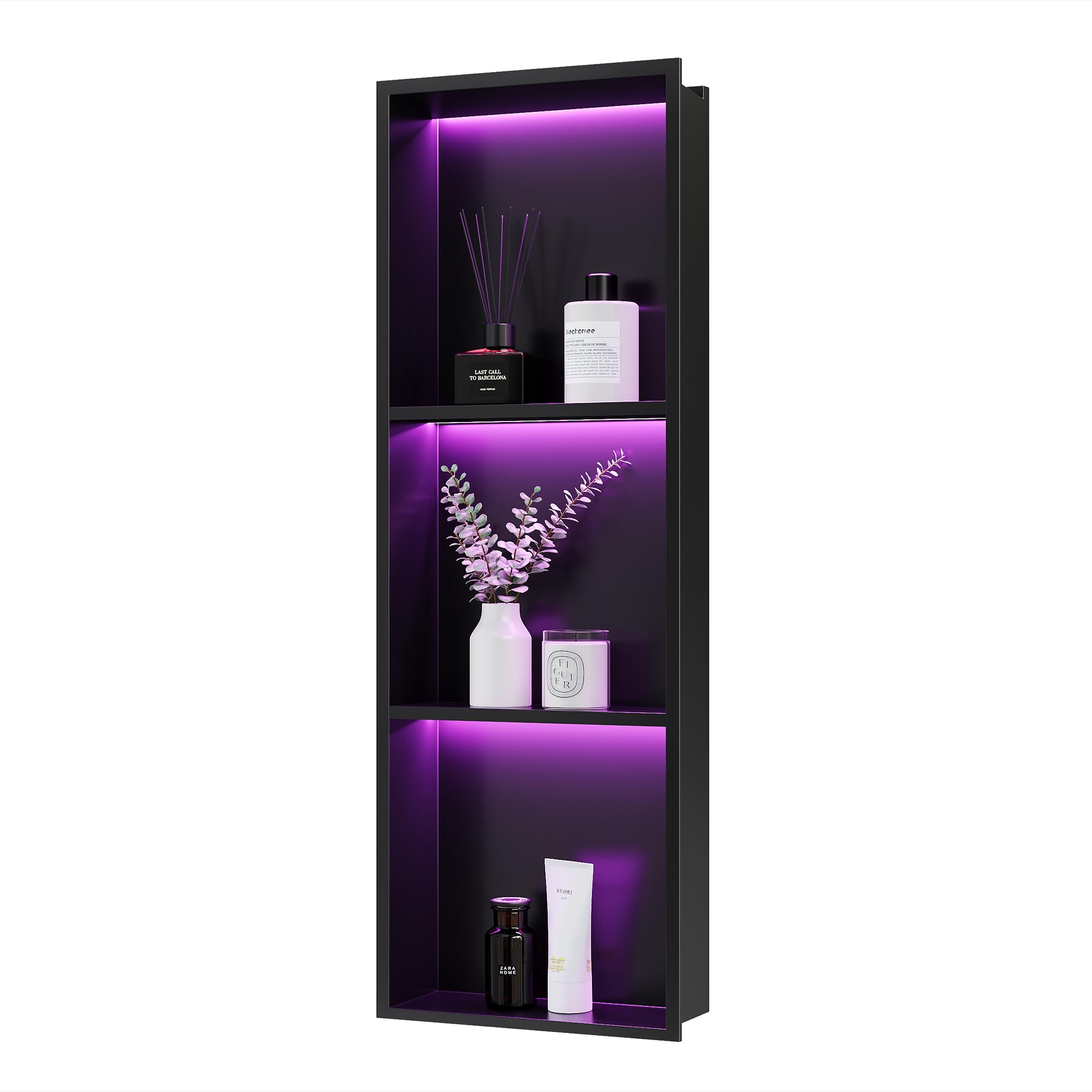 Neohomee 3-Tiers 12x36Inch Wall Niche with RGB LED Light Strips, Matte Black Shower Niche Cabinet, Stainless Steel Bathroom Shelf, NO Tile Needed Recessed Niche Storage Organizer, 80846301