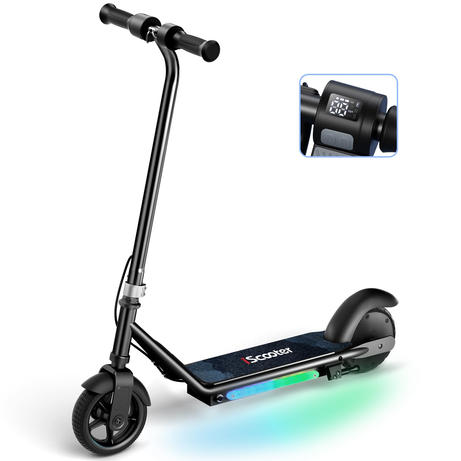 iScooter IK3 Electric Scooter for Kids Ages 6-12, 150W Motor, LED Display, 3 speeds Adjustable, Colorful Lights, Double Brake, Kids Electric Scooter with Magnetic Charging, Light Pink (Black)
