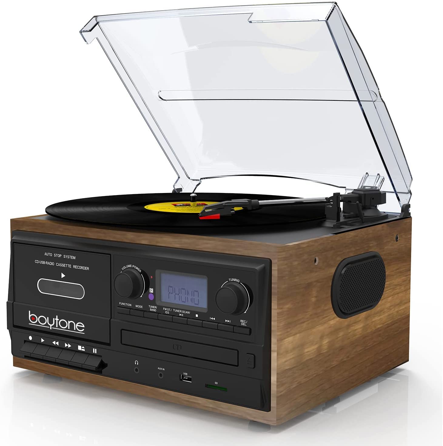 Boytone BT-32W, Bluetooth Record Player Turntable, AM/FM Radio, Cassette, CD Player, 2 Built in Speaker, Ability to Convert Vinyl, Radio, Cassette, CD to MP3 Without a Computer, SD Slot, USB, AUX