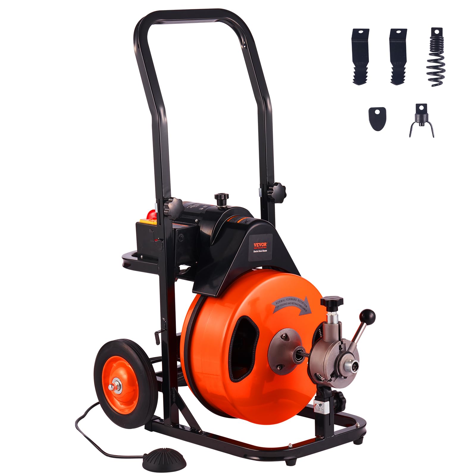 VEVOR Drain Cleaning Machine 100FT x 3/8 Inch, Sewer Snake Machine Auto Feed, Drain Auger Cleaner with 4 Cutter & Air-Activated Foot Switch for 2" to 4" Pipes, Orange, Black