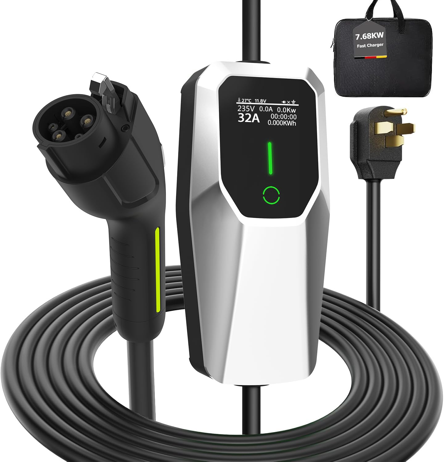 Portable Electric Vehicle Charger Level 2, 7.68KW Fast Charger with J1772 Connector and NEMA 14-50 Plug Scheduled Charging, Works with EV and Hybrid Vehicles, for Home and Outdoor