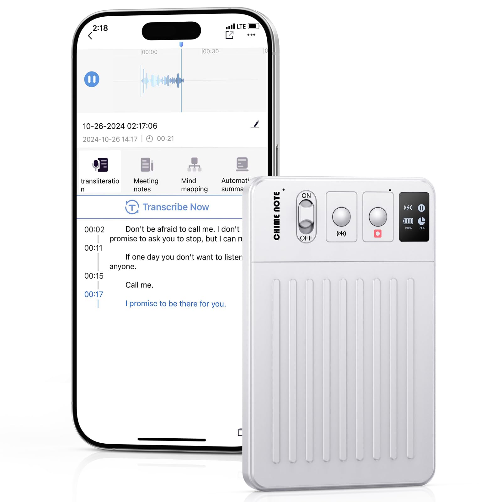 AI Voice Recorder, Digital Voice Recorder App Control, Transcribe & Summarize & Translation Empowered by ChatGPT, Wireless Charging, 107 Languages, 64GB Memory (White)