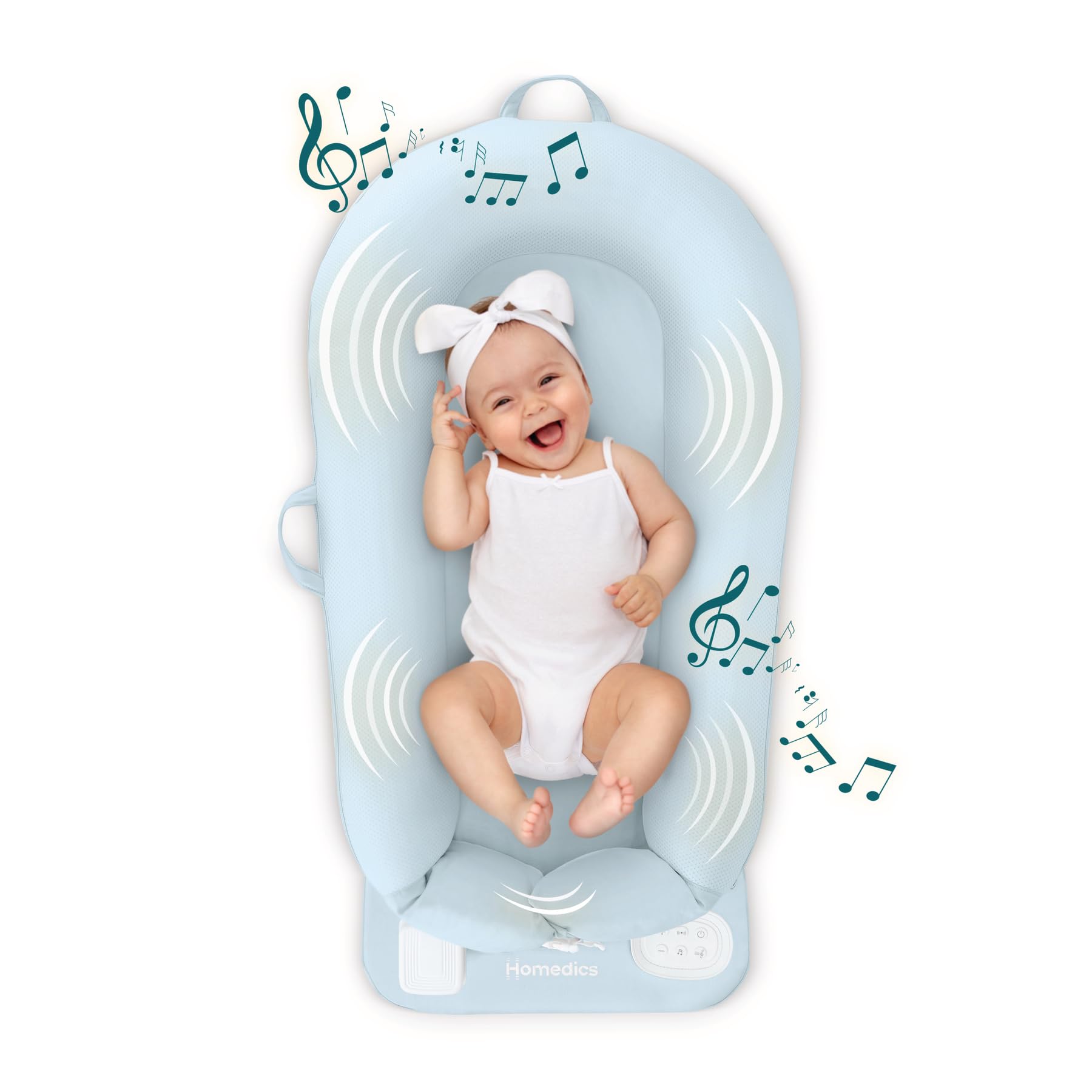 Homedics 3-in-1 Calming Baby Cushion, Soothing Comfort for Newborns & Infants, Snuggling Sensation, Sound and Vibration, Designed for Safety, Cordless, Rechargeable & Machine-Washable, Blue