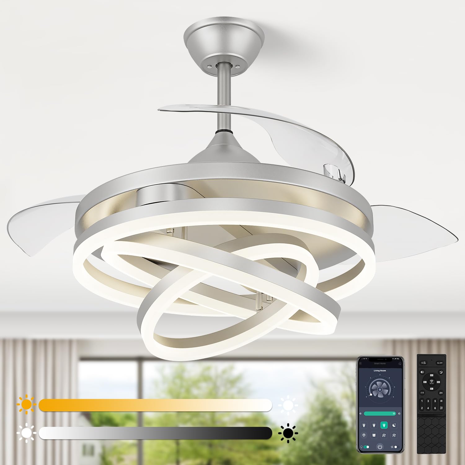 TXCSLY 42 Inch Retractable Ceiling Fan, Chandelier Ceiling Fan with Light DC Motor, 3 Color Tempearture, 6 Wind Speed for Bedroom, Living Room and Dining Room, Silver
