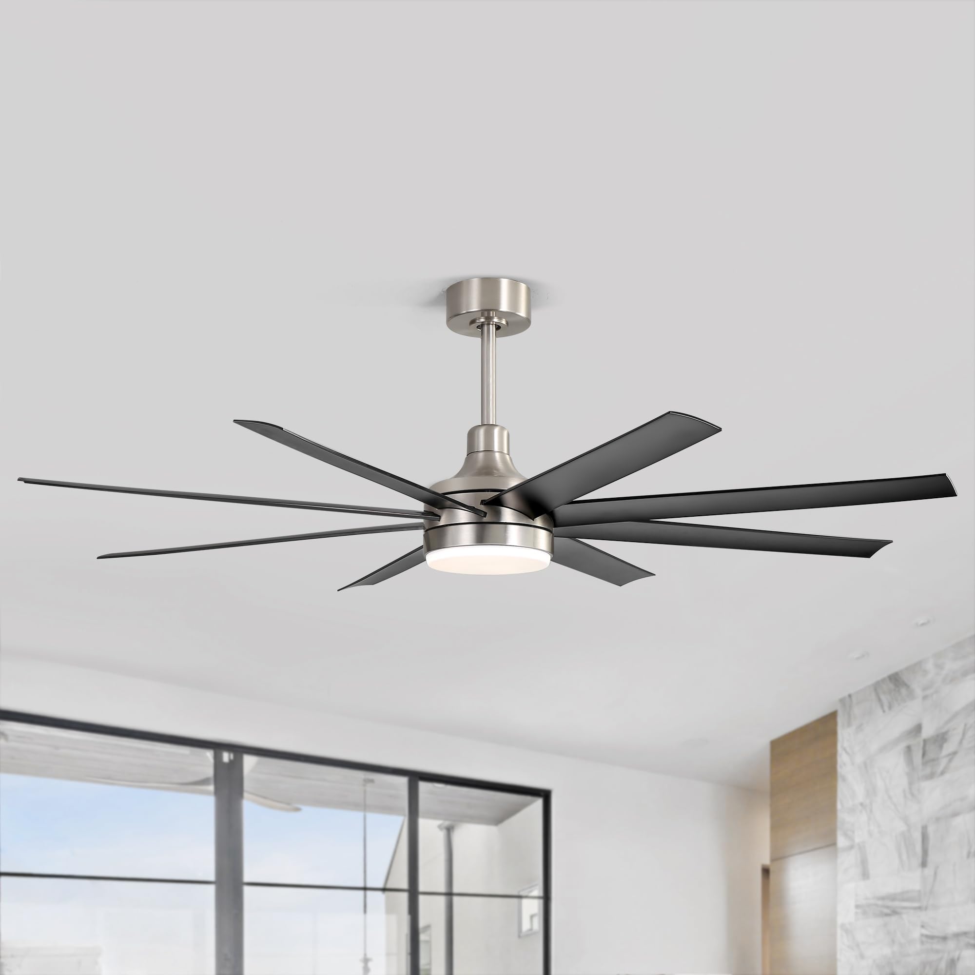 Breezary 65" Large Ceiling Fans with Lights and Remote, 8-Blade, Reversible DC Motor, 6-Speed, Timer, Industrial Ceiling Fans with Led Light Chandelier for Bedroom Office (Satin Nickel & Black)