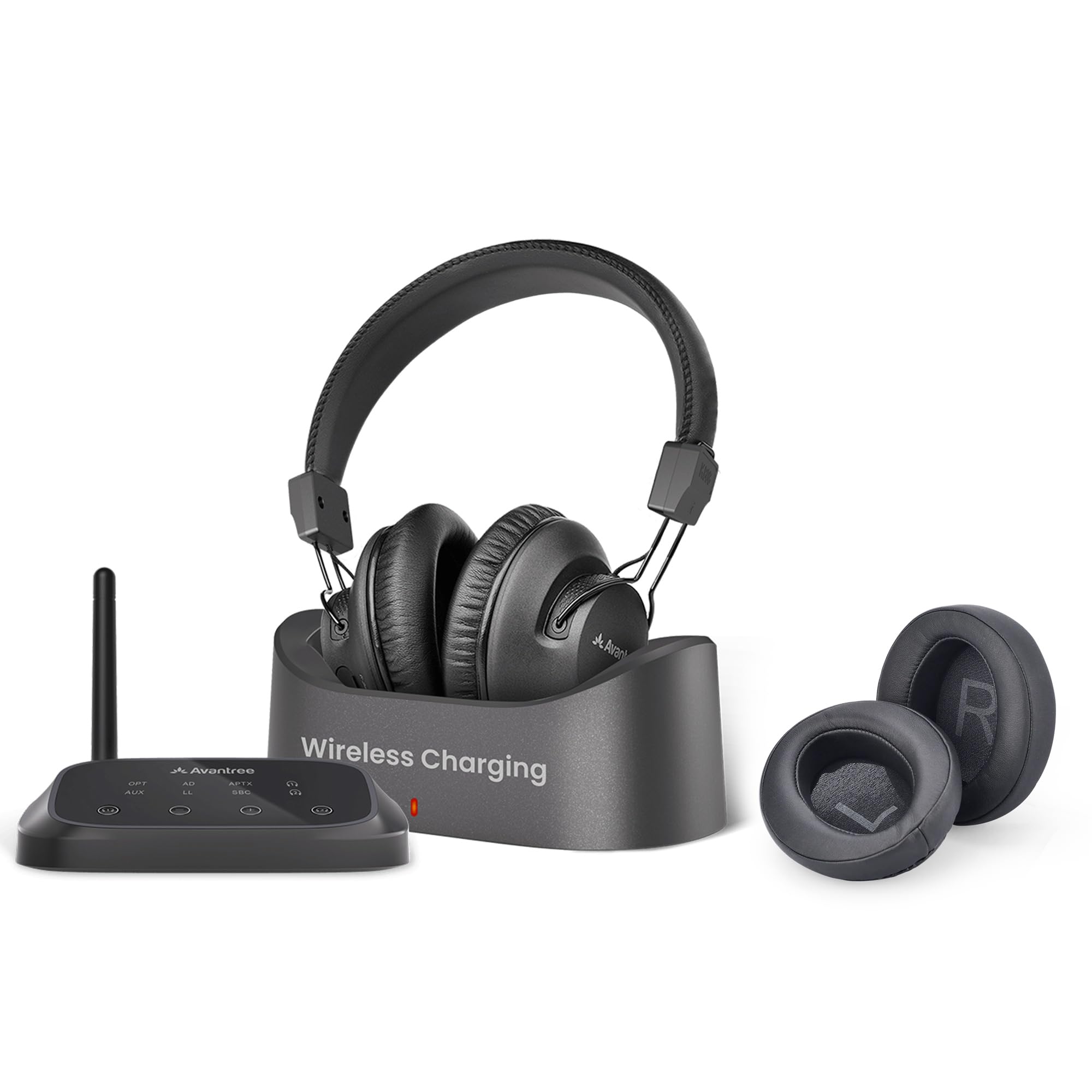 Avantree HT5009 Plus with Extra Ear Pads Bundle: Wireless Headphones for TV Watching with Bluetooth Transmitter & Charging Dock, Long Range, Low Latency, Pass-Through Support, and Clear Voice Mode