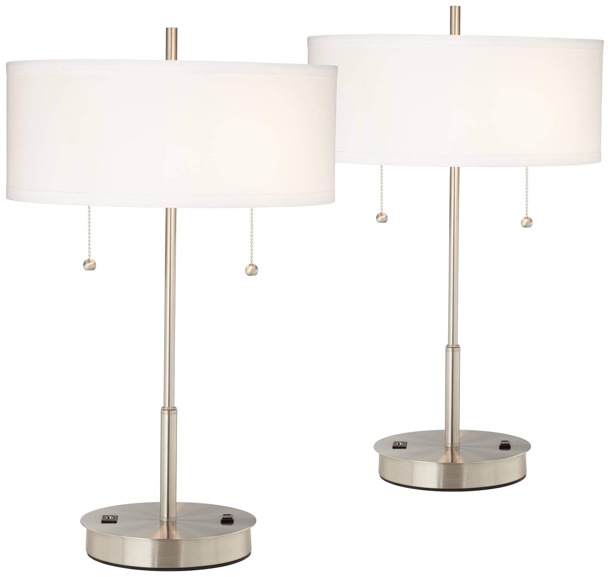 360 Lighting Nikola Modern Accent Table Lamps 23.75" High Set of 2 with Hotel Style USB and AC Power Outlet Slim Silver White Drum Shade for Living Room Desk Bedroom House Bedside Nightstand