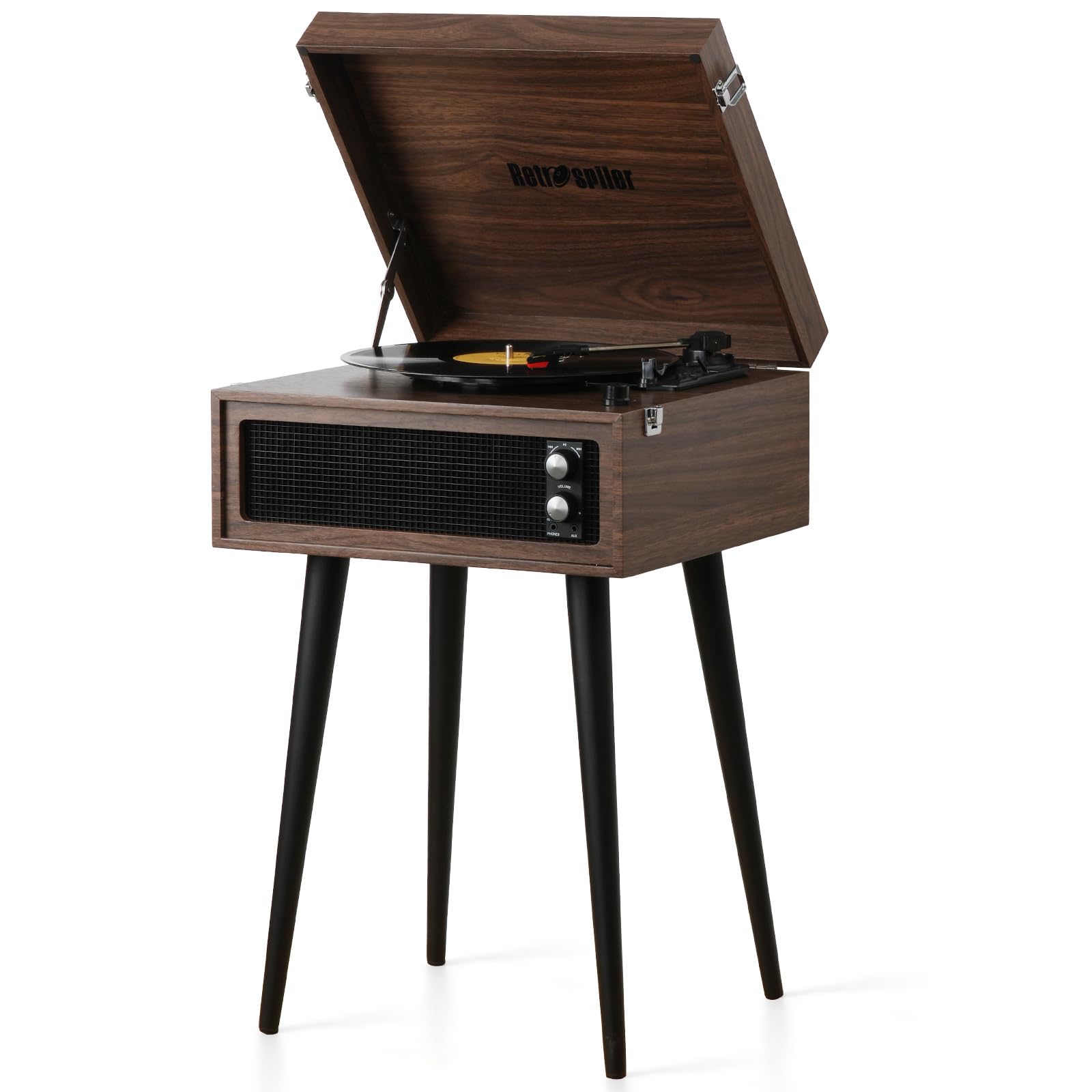 RETROSPILER Turntable with Stand, 3 Speed Record Player with Built-in Speakers and Removable Legs, Bluetooth USB Recorder Aux-in, Wood (Espresso)