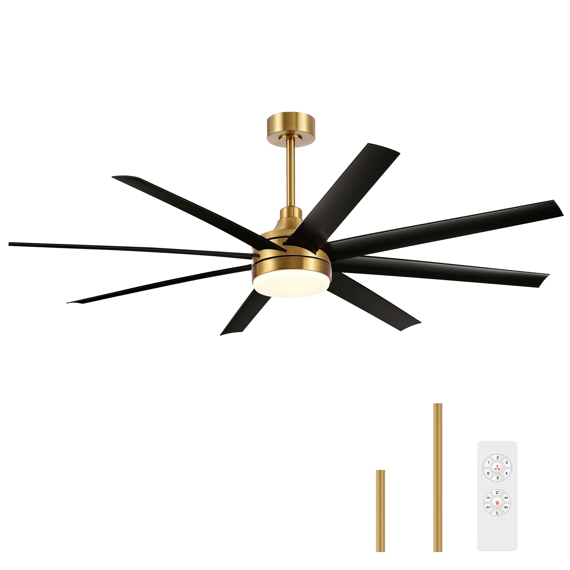 65 Inch Ceiling Fan with Light and Remote, 8-Blade, Reversible DC Motor, 6-Speed, Timer, Industrial Ceiling Fans with Led Light Chandelier for Bedroom Office (Gold & Black)