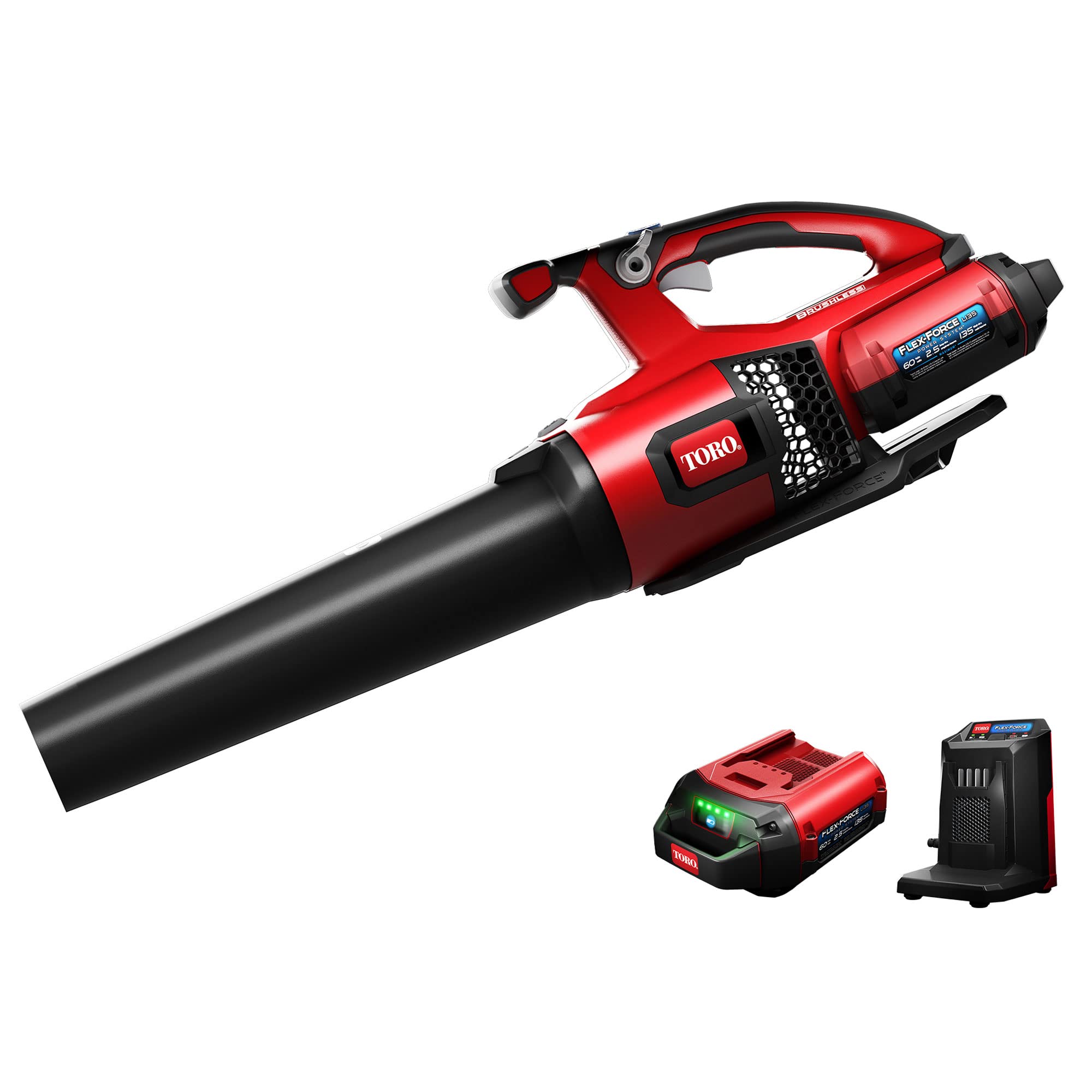 Toro 60-Volt Max Electric Brushless Cordless Leaf Blower with 120 MPH Air Speed and 605 CFM 2.5 Ah Lithium-Ion with Battery and Charger, Red/Black