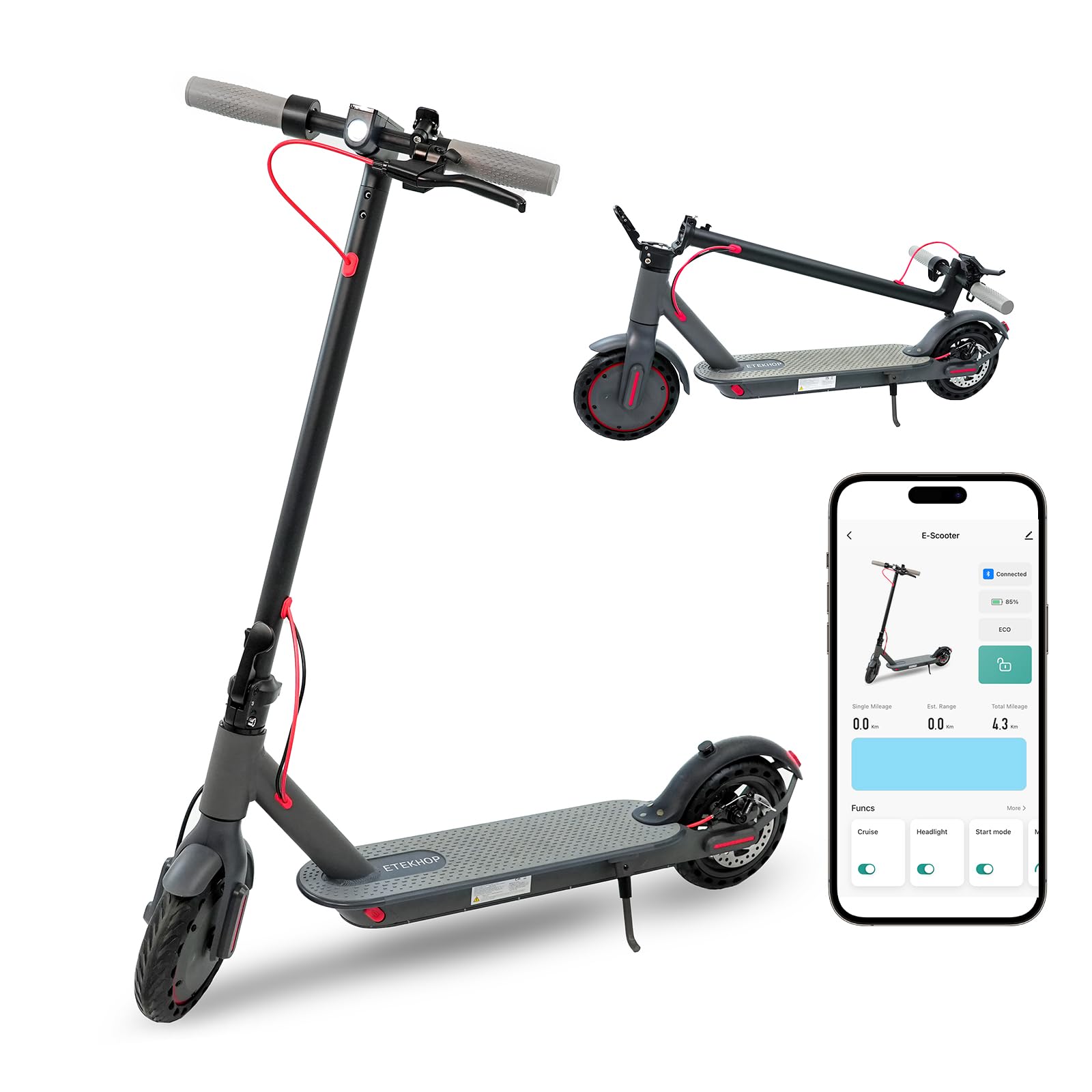 ETEKHOP Electric Scooter for Adults, 31 Miles Long Range, 350W Peak Motor,19MPH Max Speed, 36V 10.5AH Samsung Battery UL 2272 Portable Folding Commuting E-Scooter with App Control