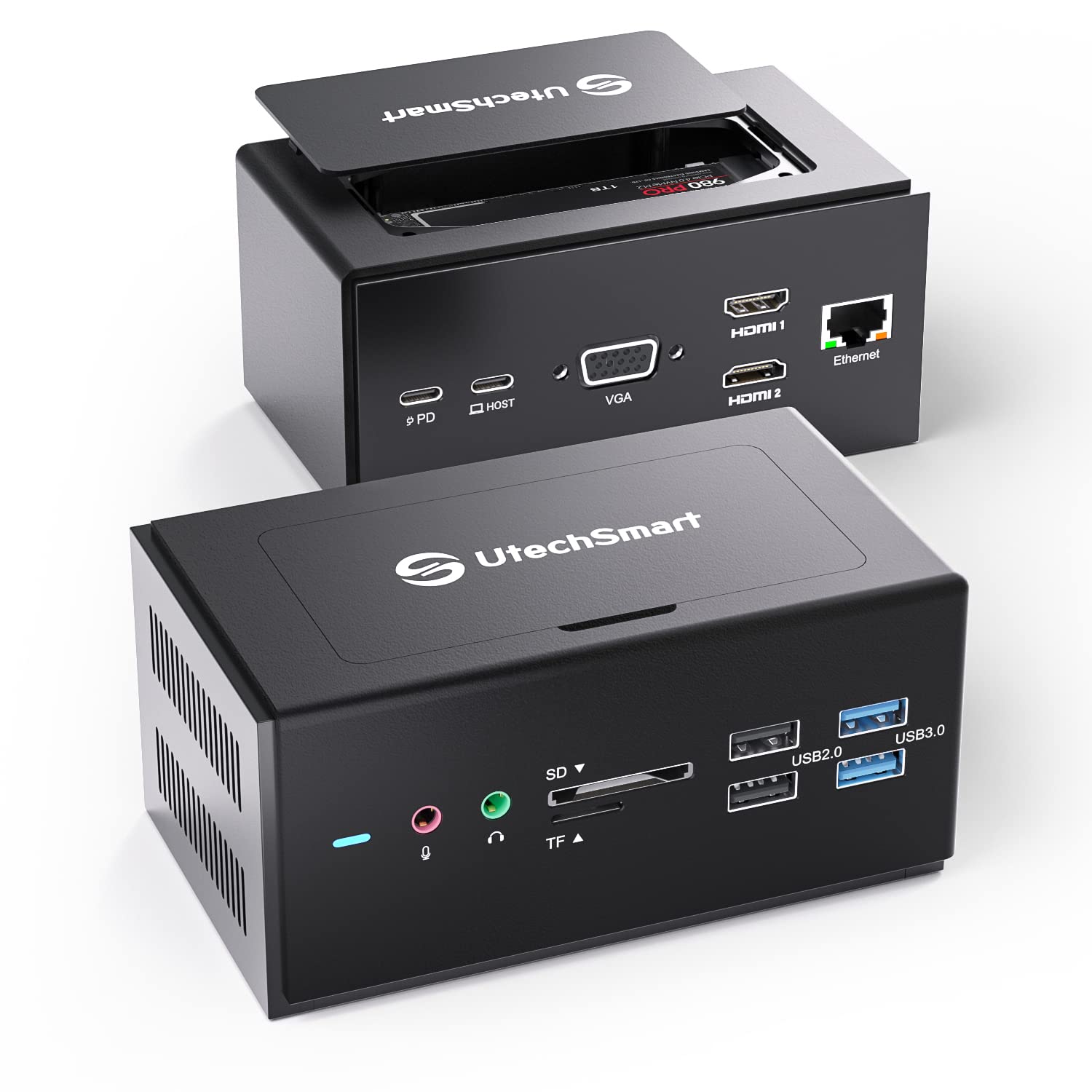 UtechSmart Universal Docking Station, 15 in 1 USB Docking Station with SSD Enclosure, USB C Dock with Dual HDMI,VGA,PD3.0,SD/TF,RJ45,Audio&Micro,USB Ports, for MacOS&Windows Laptop