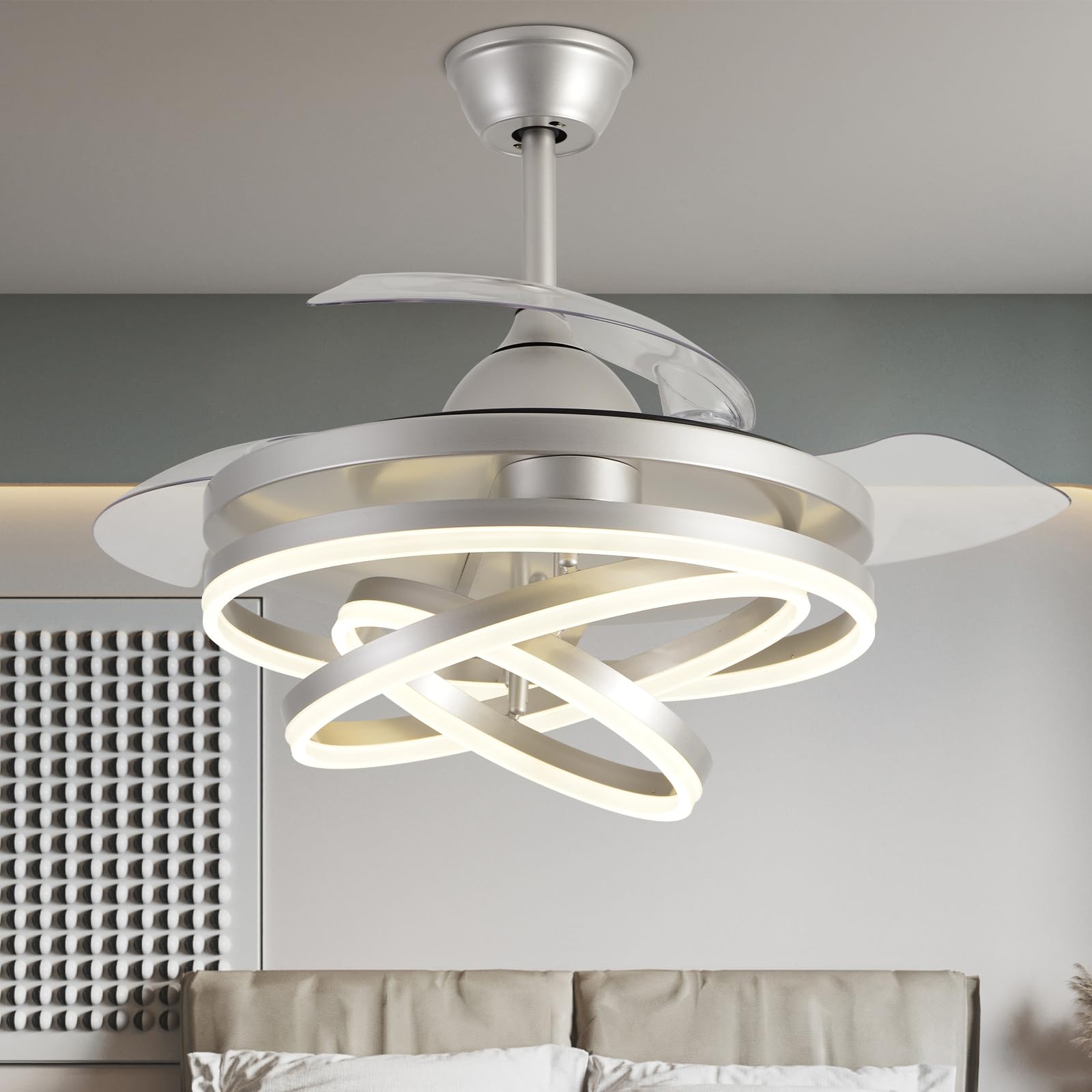 Zenouidle 42" Retractable Ceiling Fan with Lights and Remote,Invisible LED Rings Fandeliers Modern Chandelier Ceiling Fans with 3 Color 6 Speed for Kitchen Bedroom（Chrome）