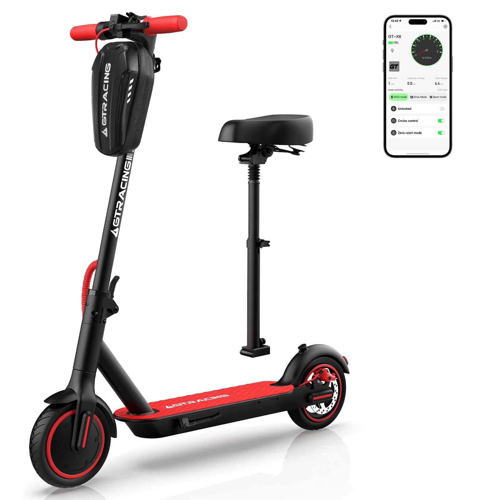 GTRACING Electric Scooter Adults with Seat Detachable and 3L Bag, 20 Miles Range, 6/10/15/22mph Four Gear Speeds, Foldable Commuting Power by 450W Motor and App Control, 8.5" Pneumatic Tire, Red