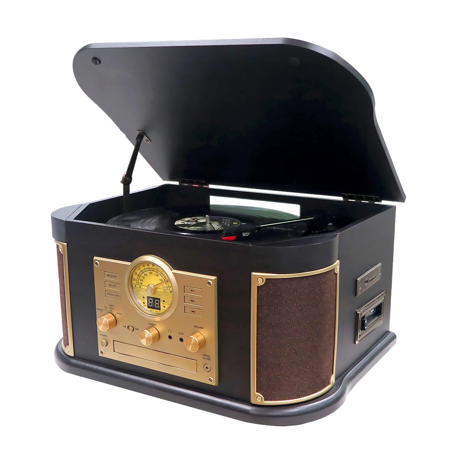 All-in-One Record Player 3 Speed Bluetooth Vintage Turntable, CD, Cassette Tape, AM/FM Radio, USB/SD Playback & Recording, Aux-in, RCA Line-Out