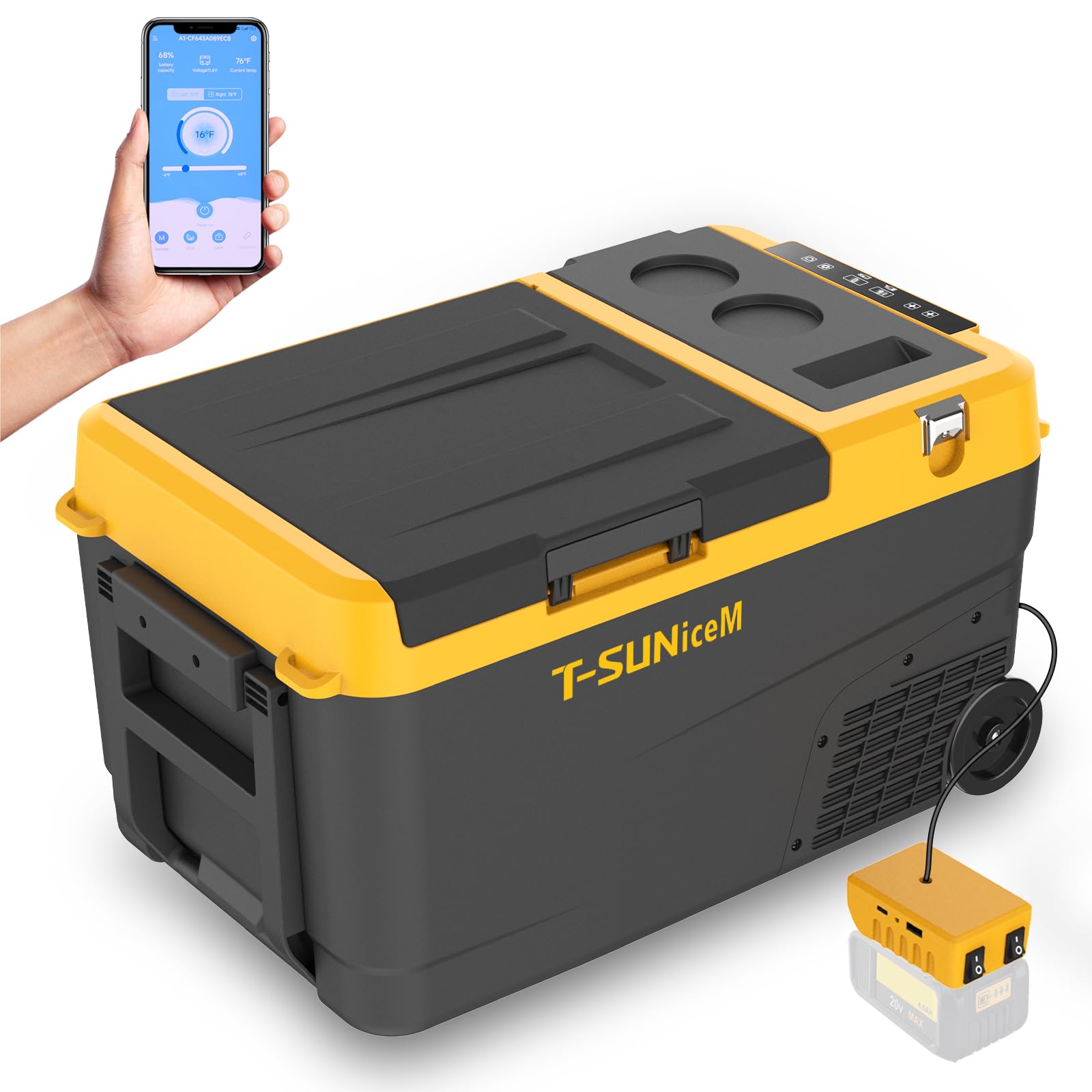 T-SUNiceM 12 Volt Car Fridge, 28 Quart Electric Cooler Dual Zone, Car Refrigerator -4℉~68℉ 12/24V DC & 100-240V AC App Control for Dewalt 18-20V Battery Truck Van RV Camper Travel Camping Road Trips