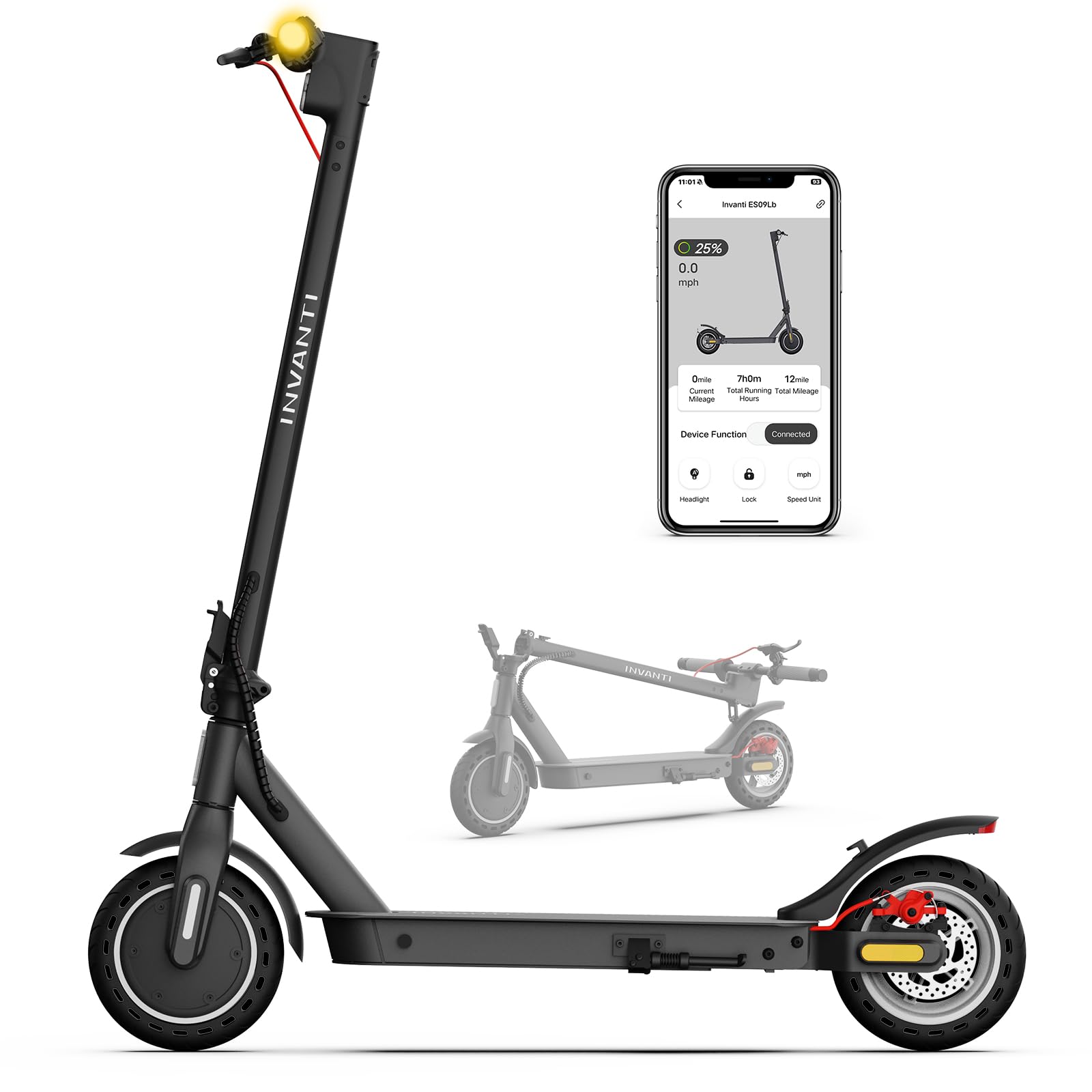 INVANTI E30 Electric Scooter with Smart APP, 19.9 Miles Range & 18 MPH, 350W Motor, 8.5" Solid Tires, Rear Suspension and Turn Signals, Foldable Electric Scooter for Adults and Teens