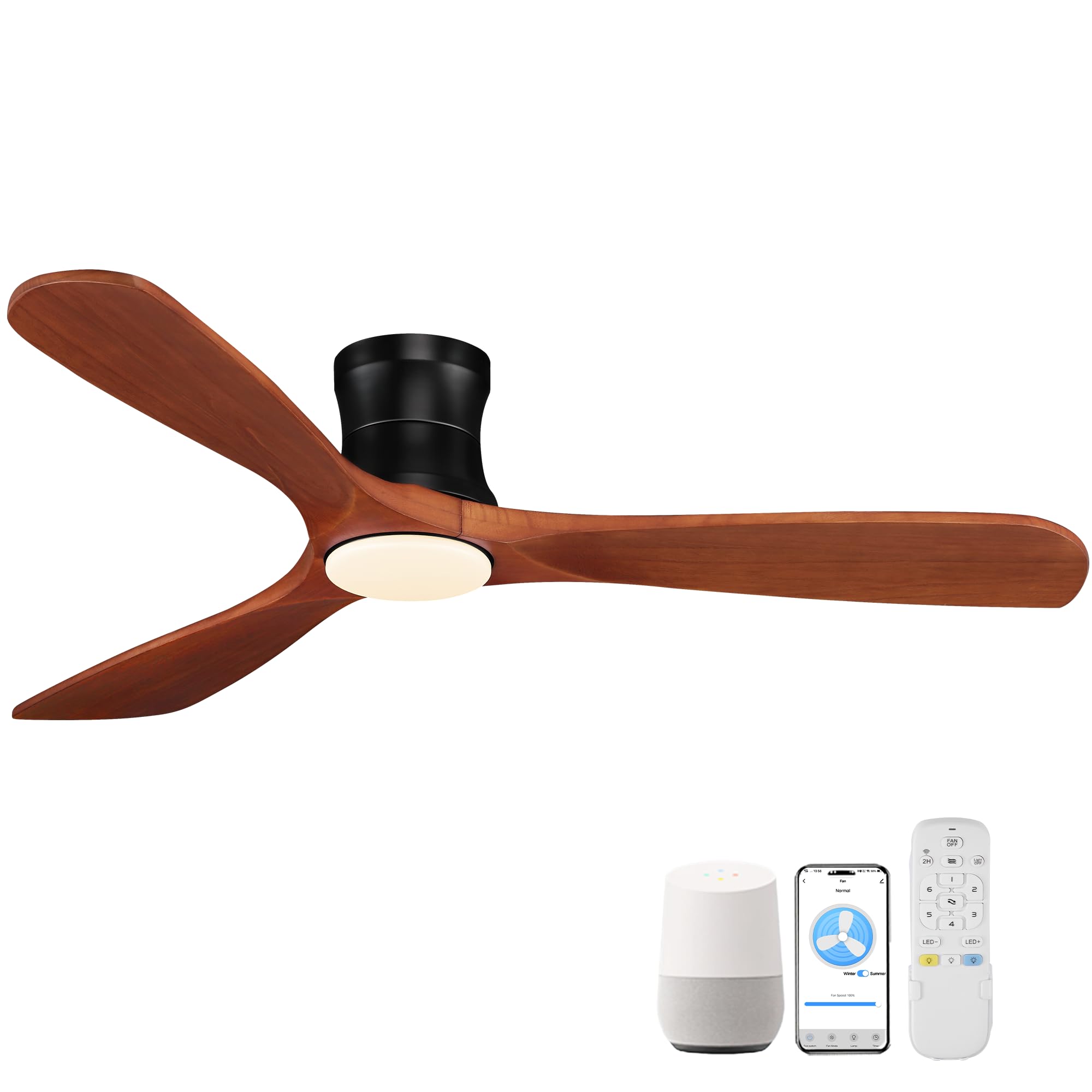 52' Smart Wood Low Profile Ceiling Fan with Lights Remote, Quiet DC Motor, Outdoor Indoor Flush Mount, Voice Control via WIFI Alexa App, Modern Dimmable Lighting for Bedroom Patio