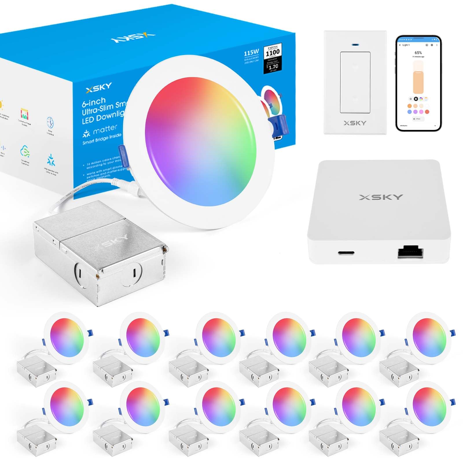 Xsky Smart Recessed Lighting 6 inch 12 Pack Dimmer Switch and Matter Bridge Include, Zigbee 3.0 Matter Light, RGBCW Color Changing, Dimmable Downlight, Alexa/Google/Siri/Home Assistant Compatible