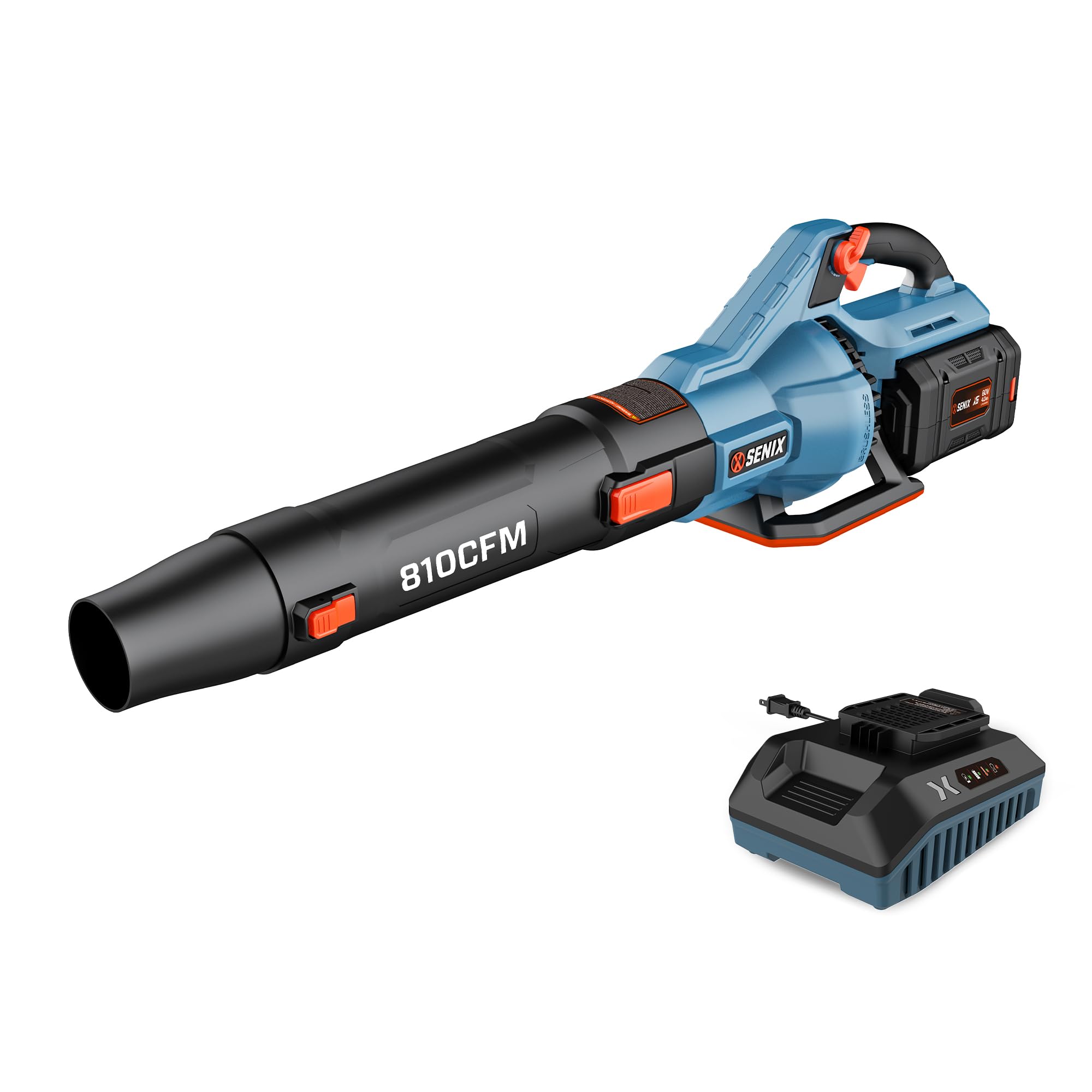 SENIX X6 60 Volt Max* Handheld Cordless Leaf Blower, Up to 810 CFM and 170 MPH, Variable Speed, Cruise Control, Lightweight, Includes 4.0 Ah Battery and 3 Amp Charger (BLAX6-M1)