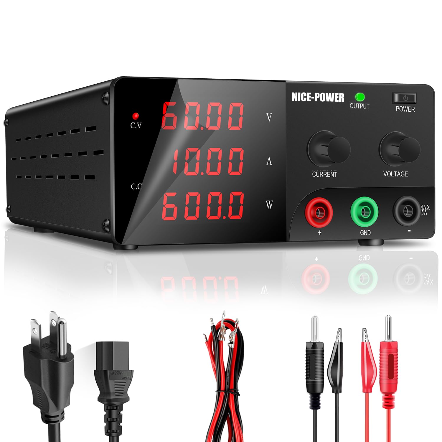 NICE-POWER DC Power Supply Variable, 60V 10A 600W High Power Bench Power Supply with Encoder Knob and Output Switch, Lab Power Supply Adjustable Switching Regulated Power Supply for Repair/Test