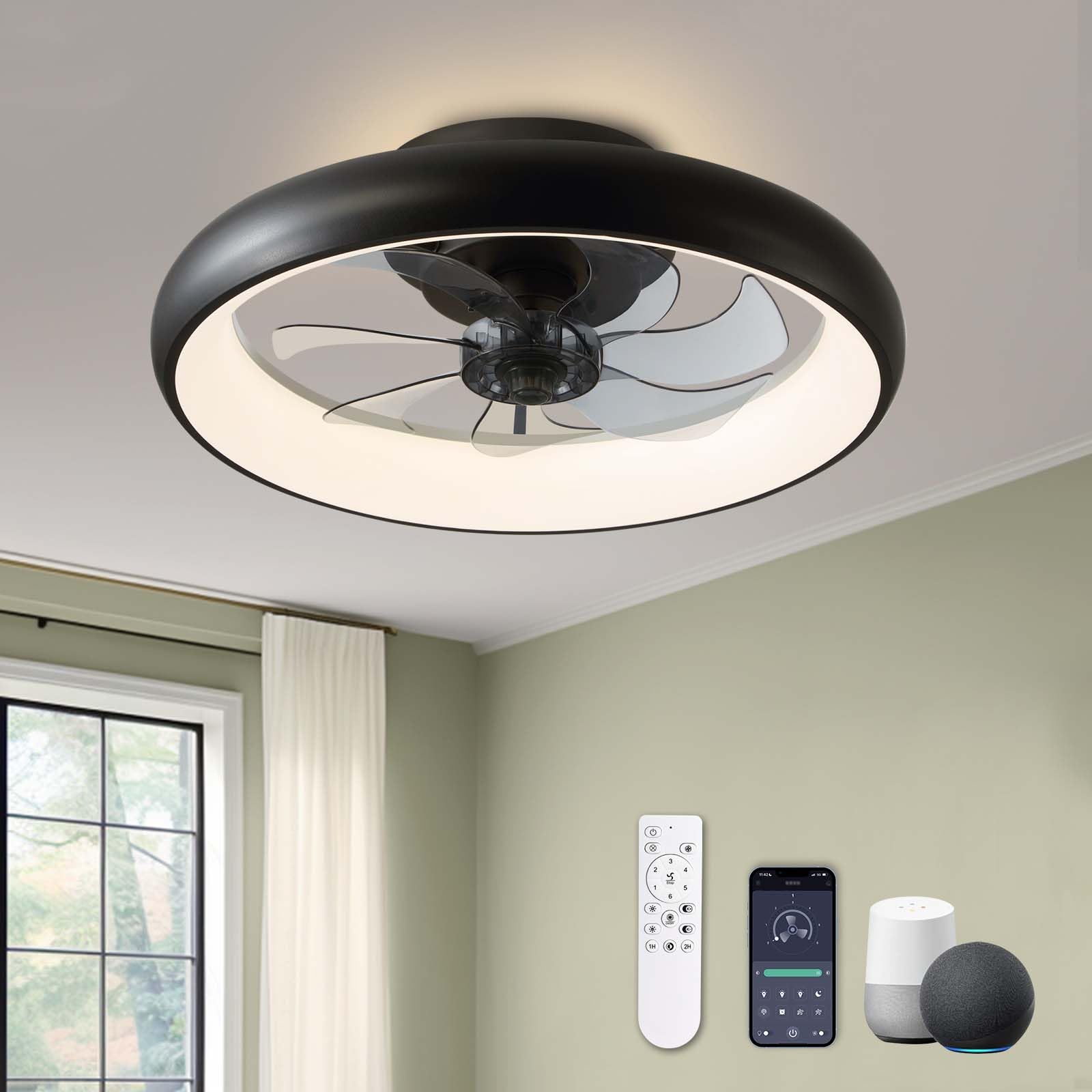 LUDOMIDE Modern Black 20" Flush Mount Ceiling Fan with Lights, 6 Wind Speeds, LED, Bedroom, Kitchen