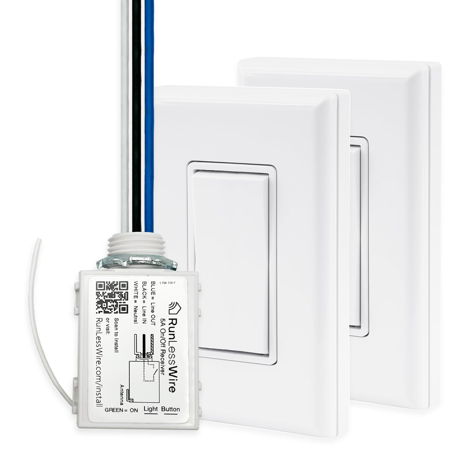 RunLessWire 3-Way Remote Light Switch Kit Wireless Battery-Free Self-Powered Kinetic DIY Wall Switch 150ft RF Range - 3 Way: 1 On/Off Receiver, 2 Switches - White