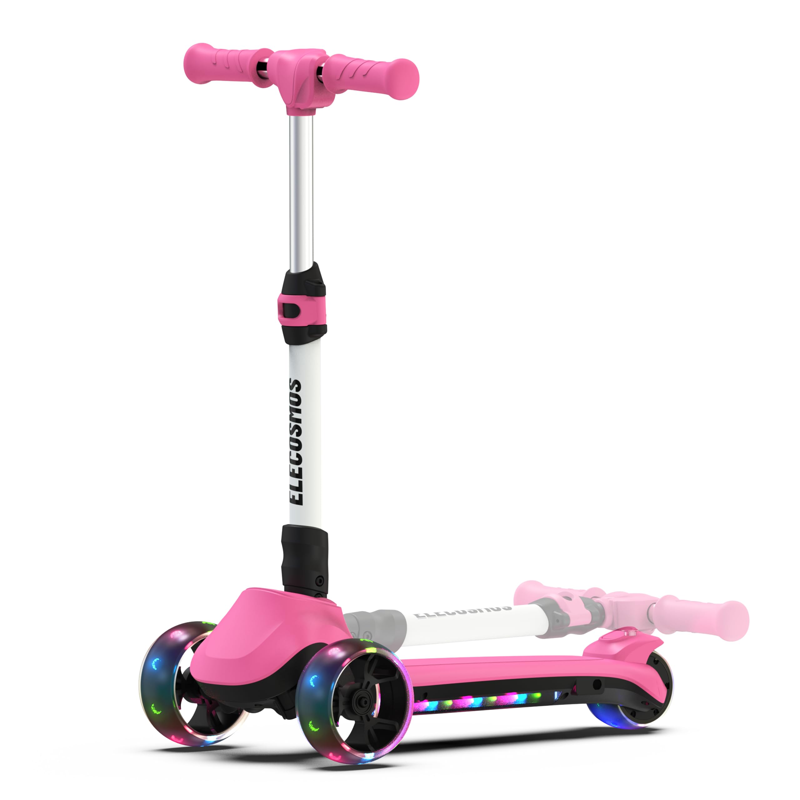 ELECOSMOS Electric Scooter for Kids Ages 6-8, 3 Wide PU Wheels with LED, Long Battery Life, 3 Wheel Folding Kick Scooter for Kids Ages 6-12, 4-6, Girls, Toddlers, Pink