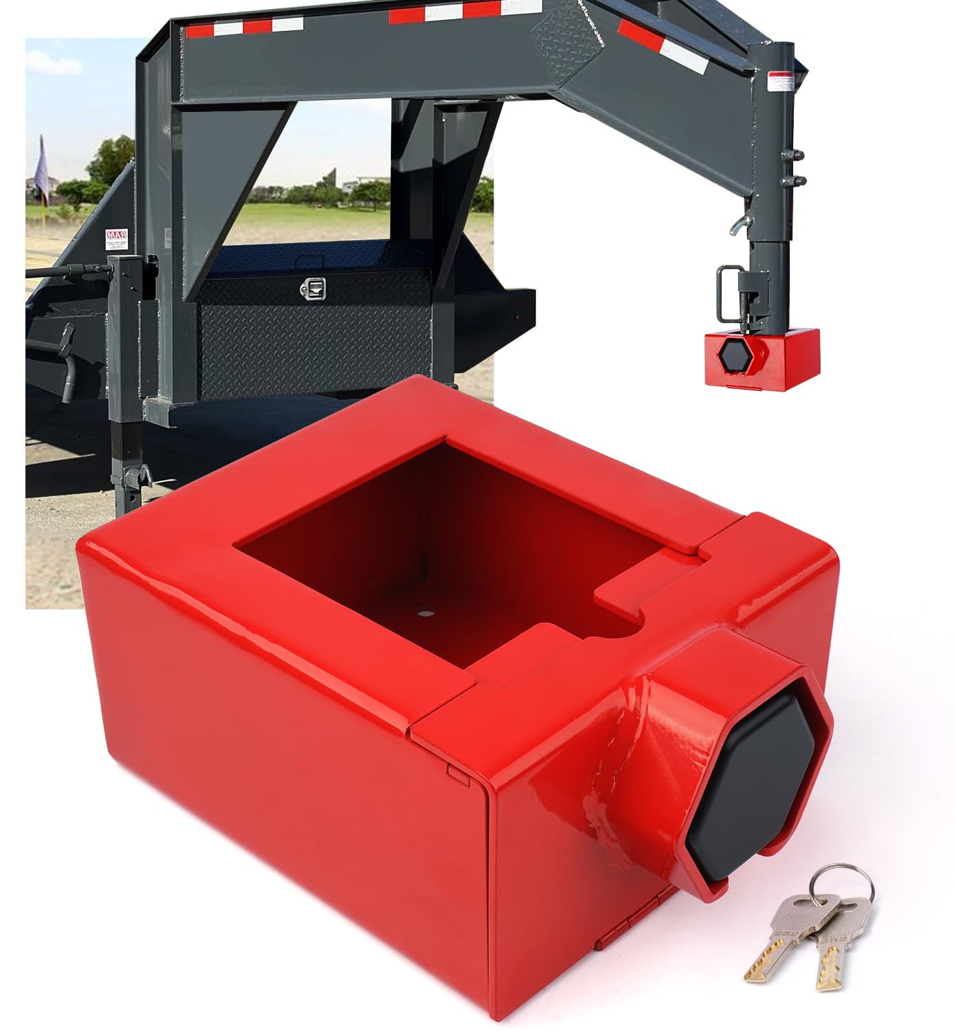 Aupar Patent-Designed Gooseneck Trailer Lock - Fit Most 7-Inch Bottom Plate Couplers, Heavy Duty Lock for Square & Round Trailer Tube - Red